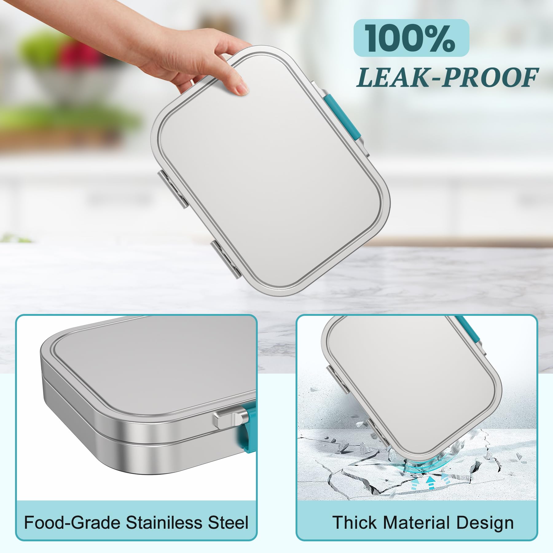 VITONIS Fiambrera de acero inoxidable para niños, fiambrera de metal Bento para niños, con 3 compartimentos y anillo de sellado, fiambrera adecuada para niños y adultos, apta para lavavajillas (azul)