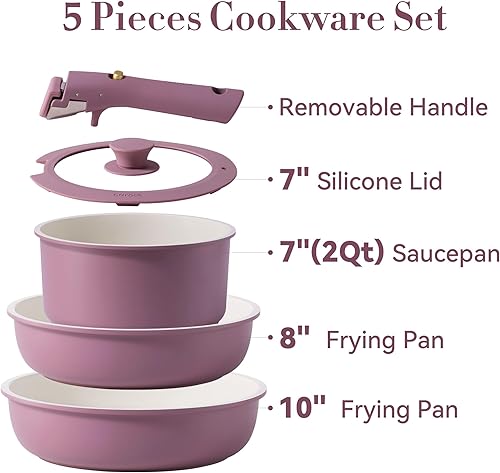 Miniatura 2 de CAROTE Juego de 5 ollas y sartenes antiadherentes, juego de utensilios de cocina, mango desmontable, artículos esenciales de cocina, olla y sartén