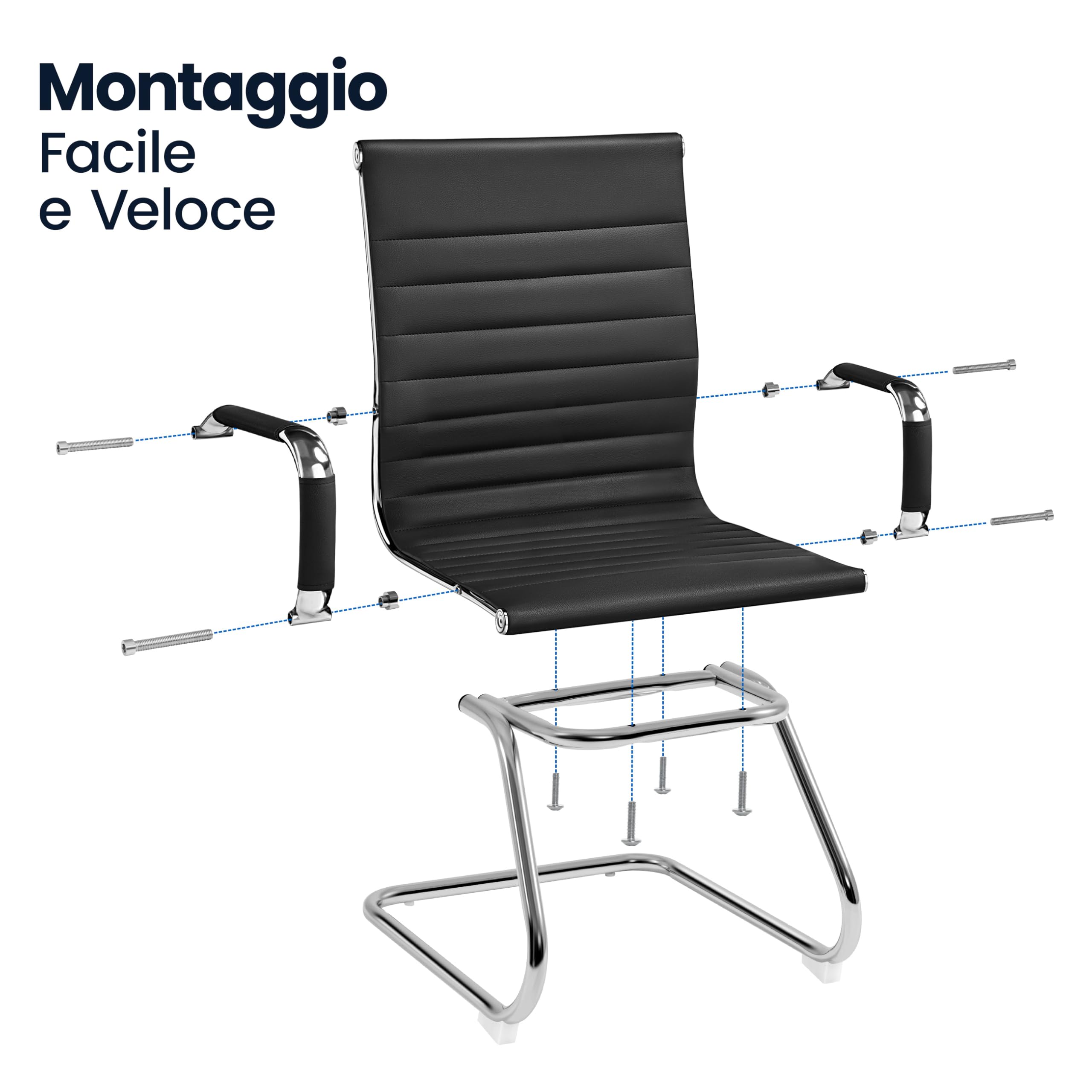 Set 2 Sedie da Pranzo a Sbalzo Imbottita Sedie Ufficio Ospiti | in Finta Pelle, Gambe in Metallo, per Sala da Pranzo, Soggiorno, Cucina, Reception, Nero