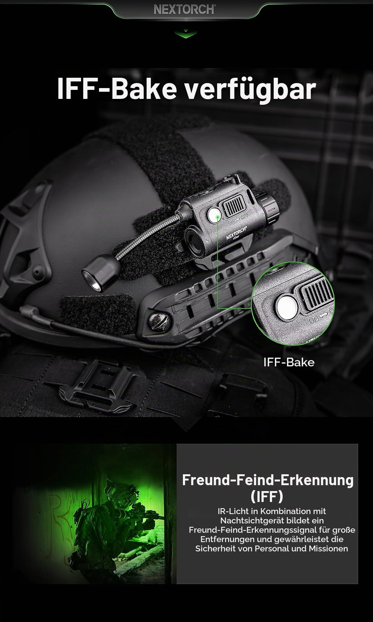 NEXTORCH Rstar Taktische Helmlampe Militär mit IR-Überlebenssignal, 4-Farben-Licht & IFF-Bake, mit Schwanenhals für ARC-Schienen, Molle-Clips & Klettverschluss, Helmzubehör für Einsatz & Outdoor