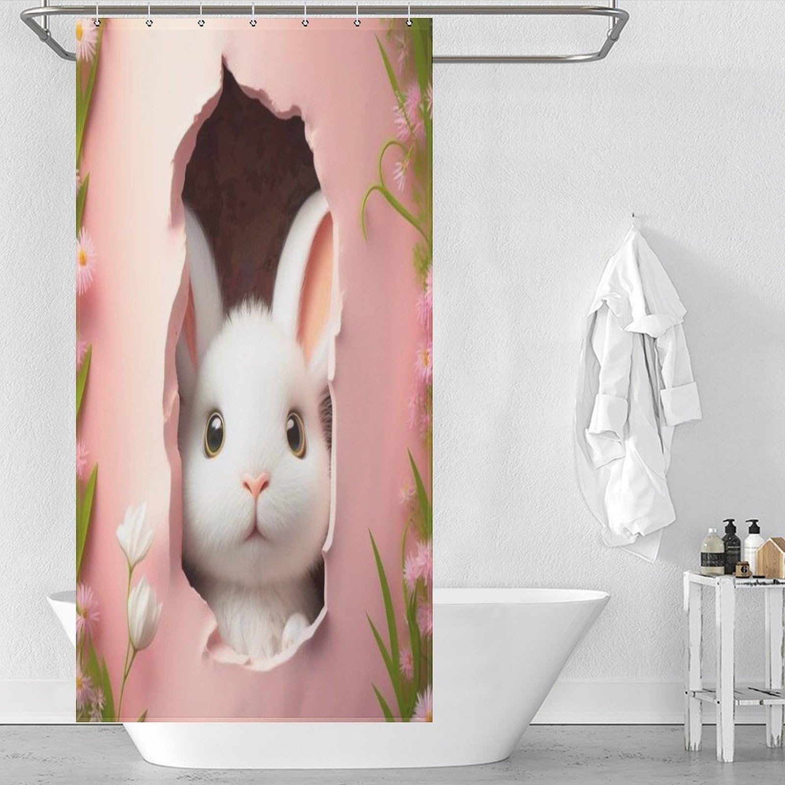 Rideau de douche lapin en tissu lavable pour créer une ambiance douce dans la salle de bain