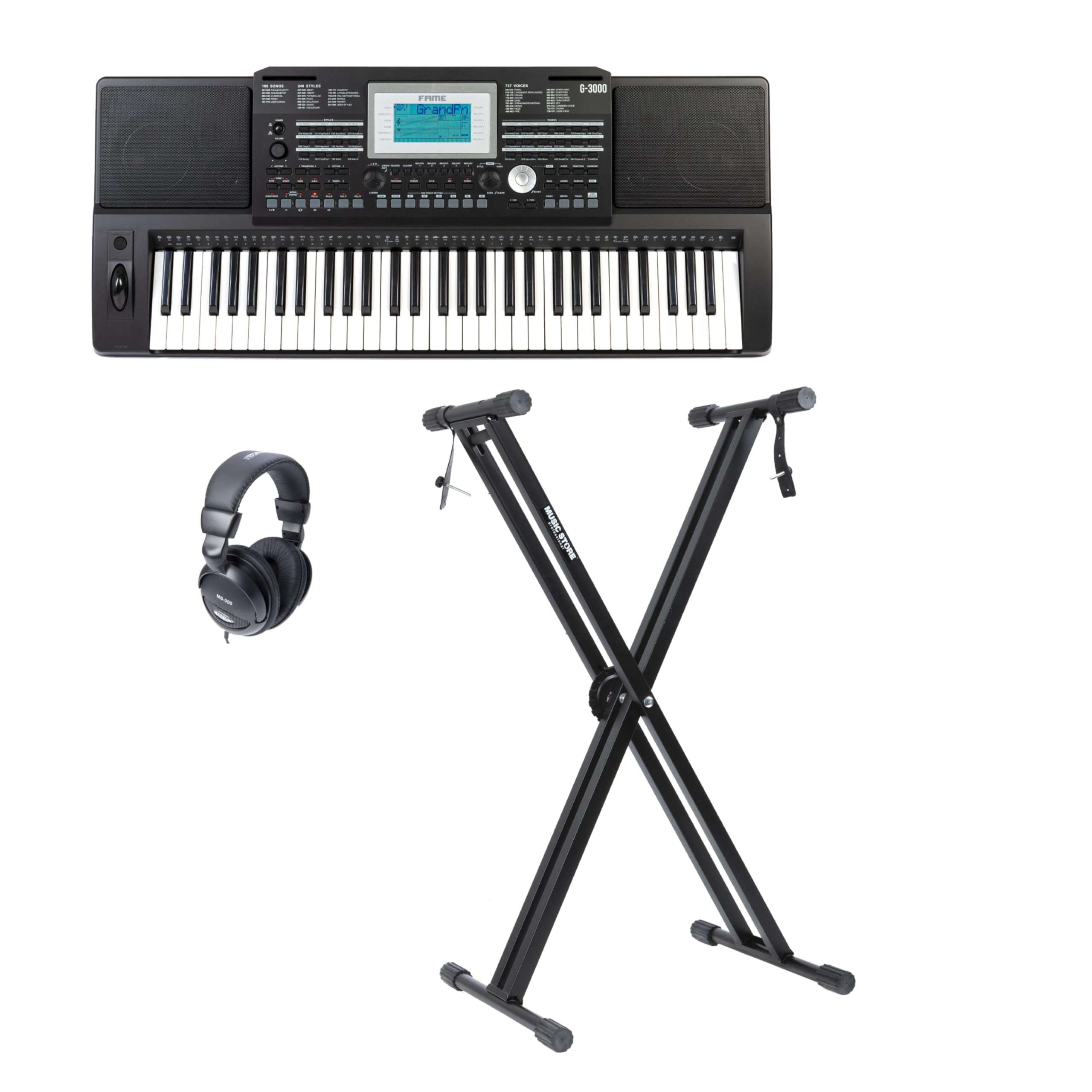 Fame G-3000 Keyboard Set, 737 Sounds, 240 Styles, 128 Polyphonie, Digital Tastatur, Pitchbend, Display, USB MIDI, Kopfhöreranschluss, LINE IN/OUT, Effektprozessor, 61 Tasten, 9kg