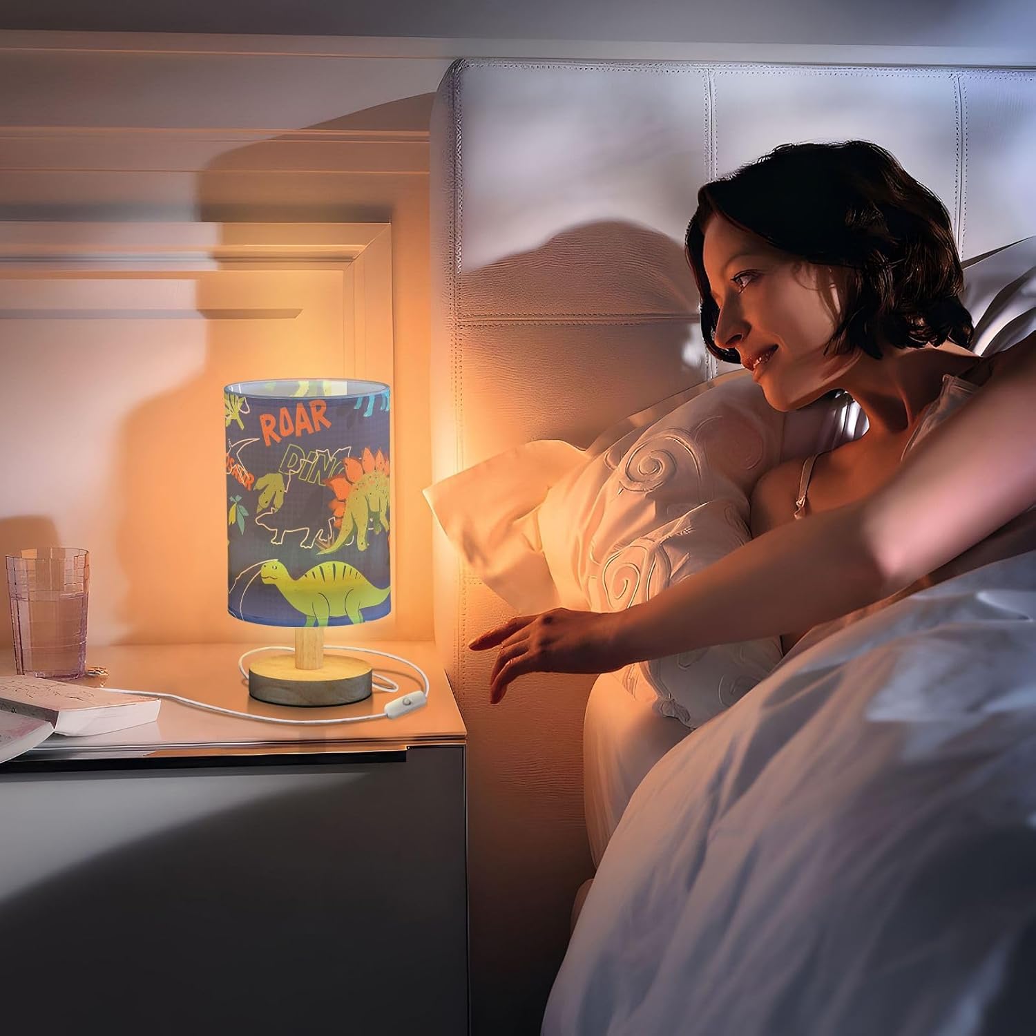 Green-Blue-Orange Dinosaur Table Lamp Bedside Lamps with USB Port,Wood Base Round Flaxen Fabric Shade for Bedroom