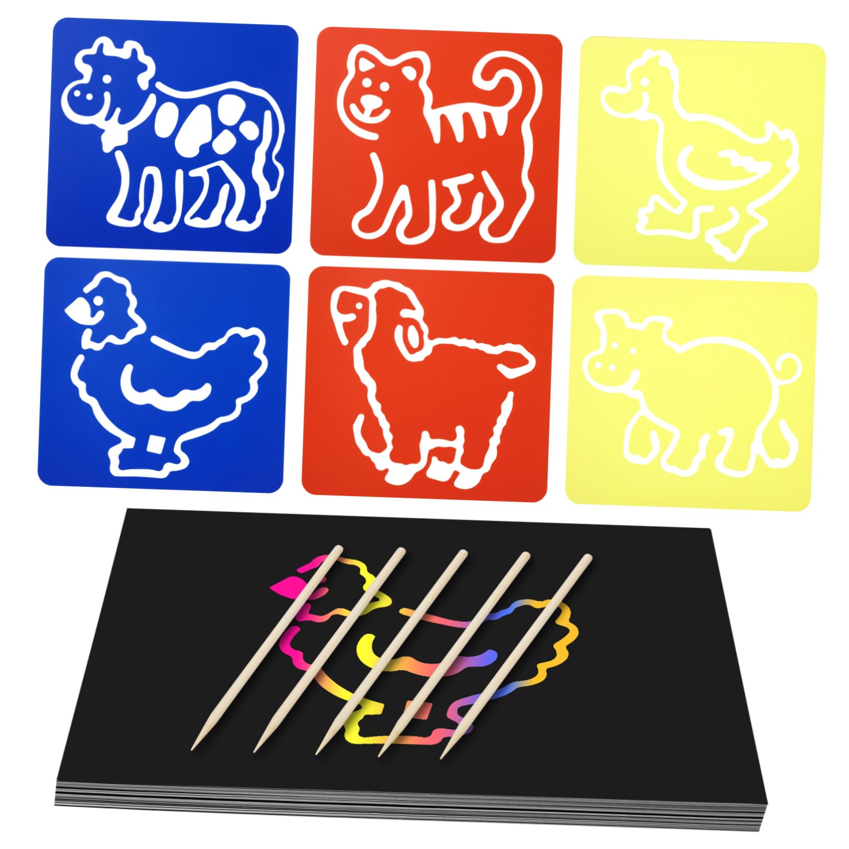 HEMOTON 50 Scratch Rainbow Art Paper 5 Wooden Stylus DIY Craft Kit for Boys and Girls