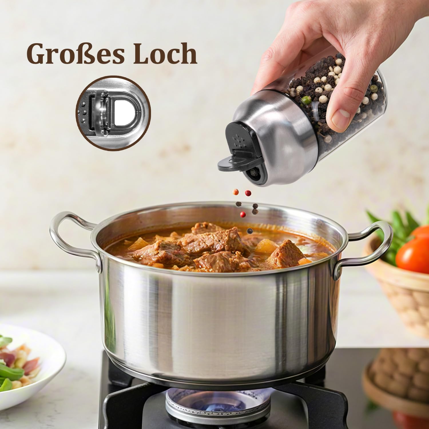 Aelga Juego de salero y pimentero de cristal 2 en 1 con tapa, bote de especias de 150 ml con agujeros para esparcir, dispensador de especias de vidrio borosilicato para cocina, barbacoa y accesorios