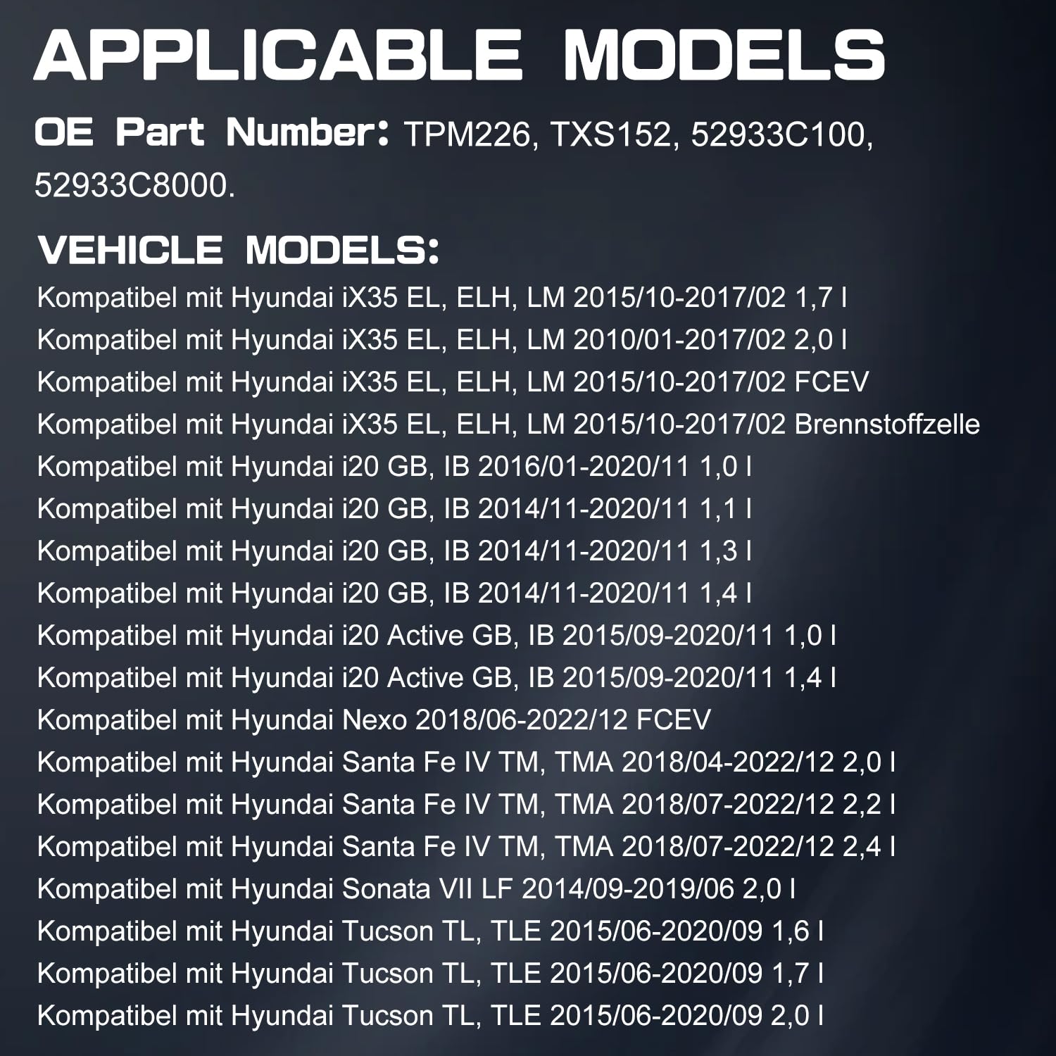 LICHENGTAI 4 sztuki 52933C8000 TPMS czujnik ciśnienia w oponach kompatybilny z Hyundai i20 iX35 Santa Fé Sonata VII Tucson RDKS system kontroli ciśnienia w oponach TPM226, TXS152, 52933C100, 4 sztuki