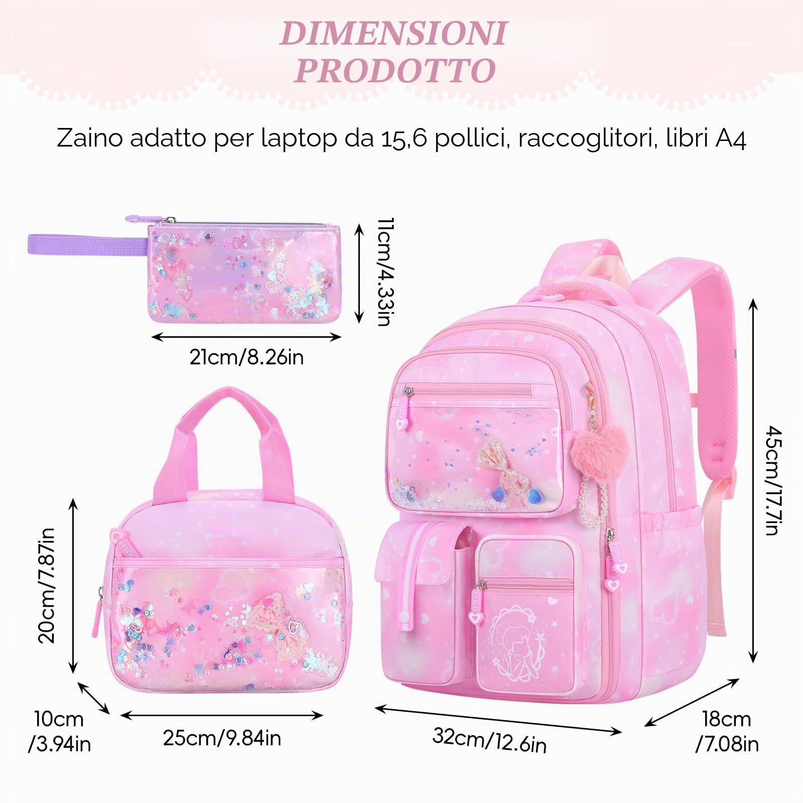 Amythe Zaino Scuola Elementare Bambina 3 Pezzi, Set Zaini Bambina Set 8-15 anni con Sacchetto per Pranzo e Astuccio per Matite, Kawaii Zainetto Ragazza, Rosa