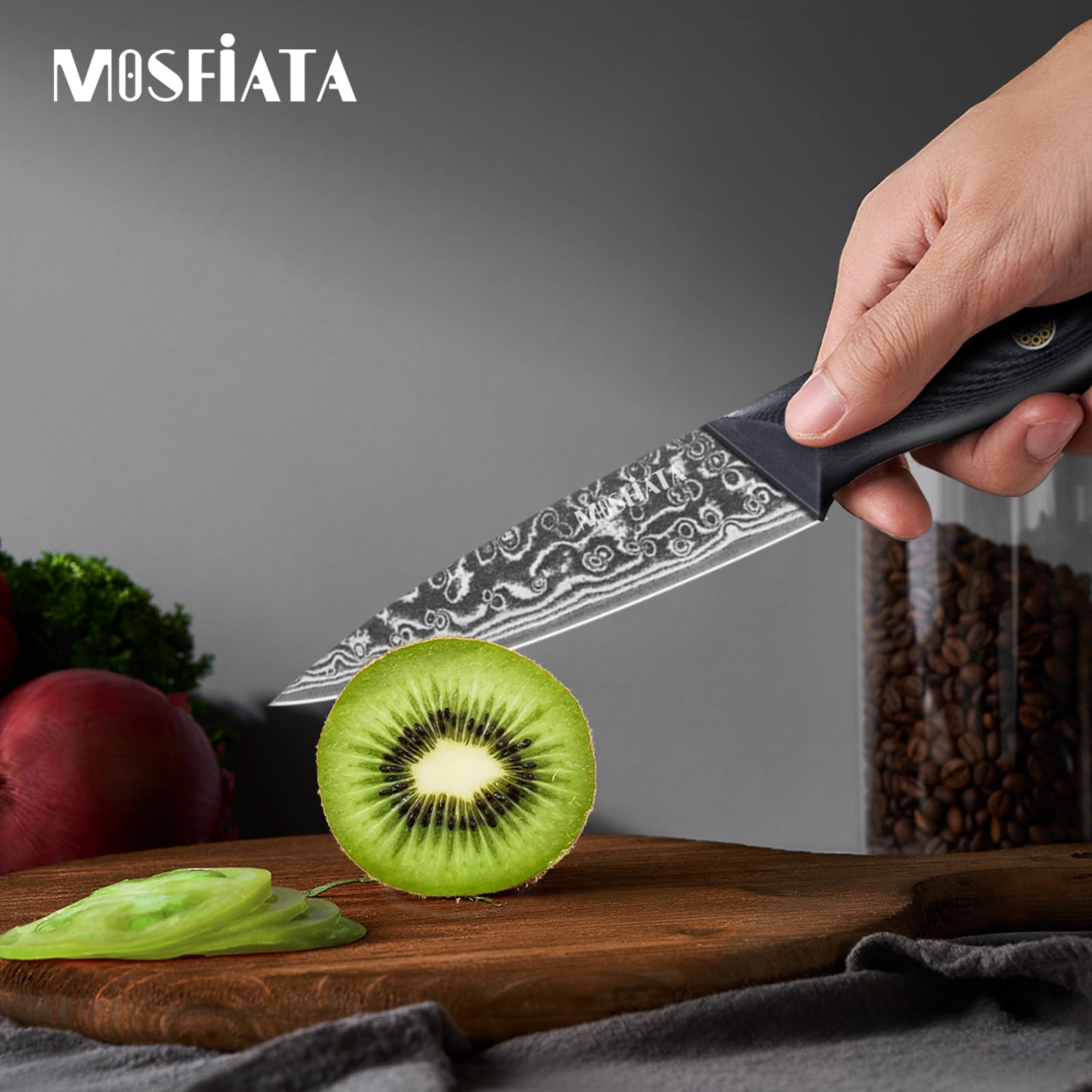 MOSFiATA Zestaw noży damasceńskich, nóż szefa kuchni 20 cm, nóż Santoku, 8 cali, nóż do owoców, stal damasceńska VG10, zestaw upominkowy z ochroną palców i ściereczką