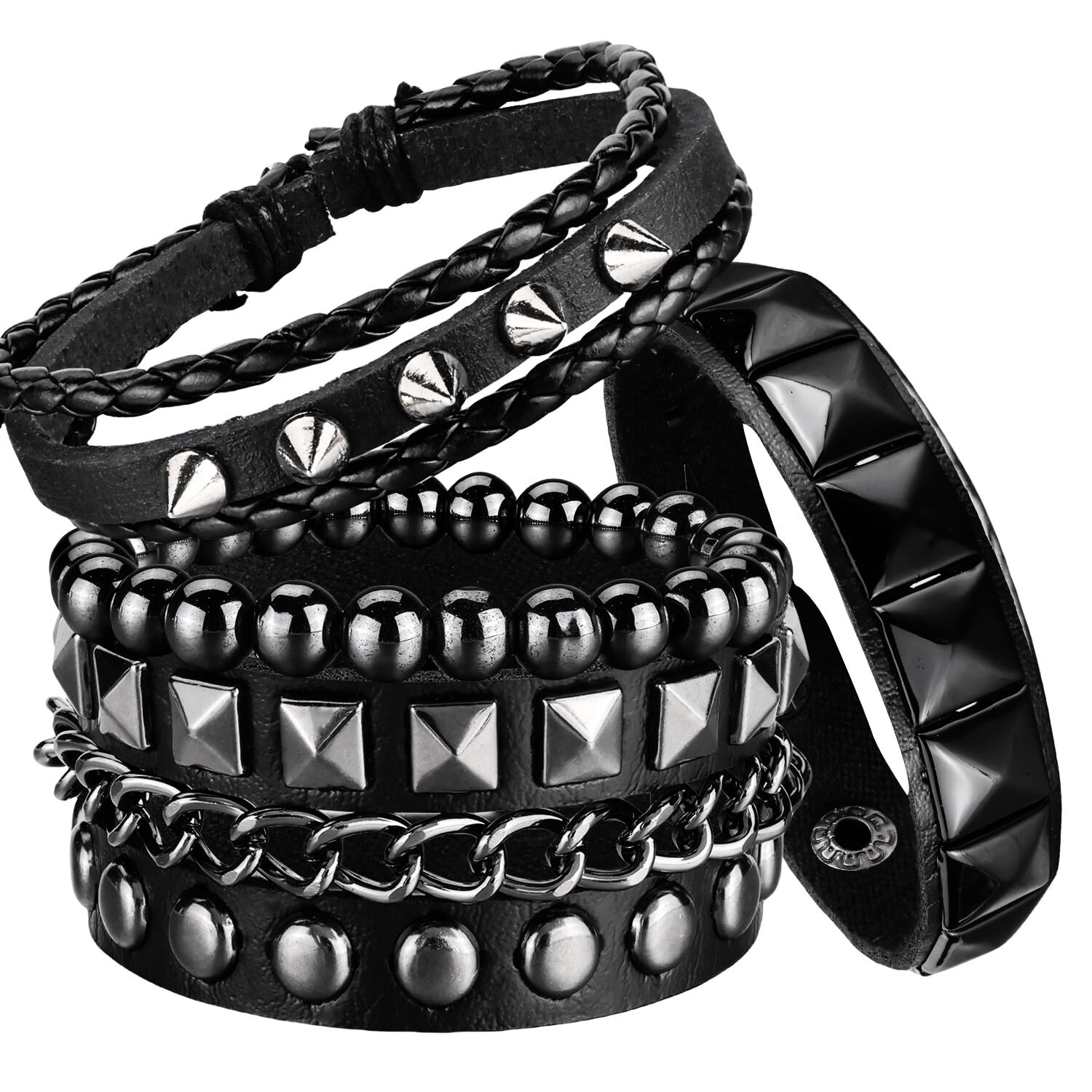 4 Pcs Punk Rock Leather Studded Bracelets for Men Women 80s Gothic Spike Cuff Bracelet Set Emo Accessories for Rocker Outfits
