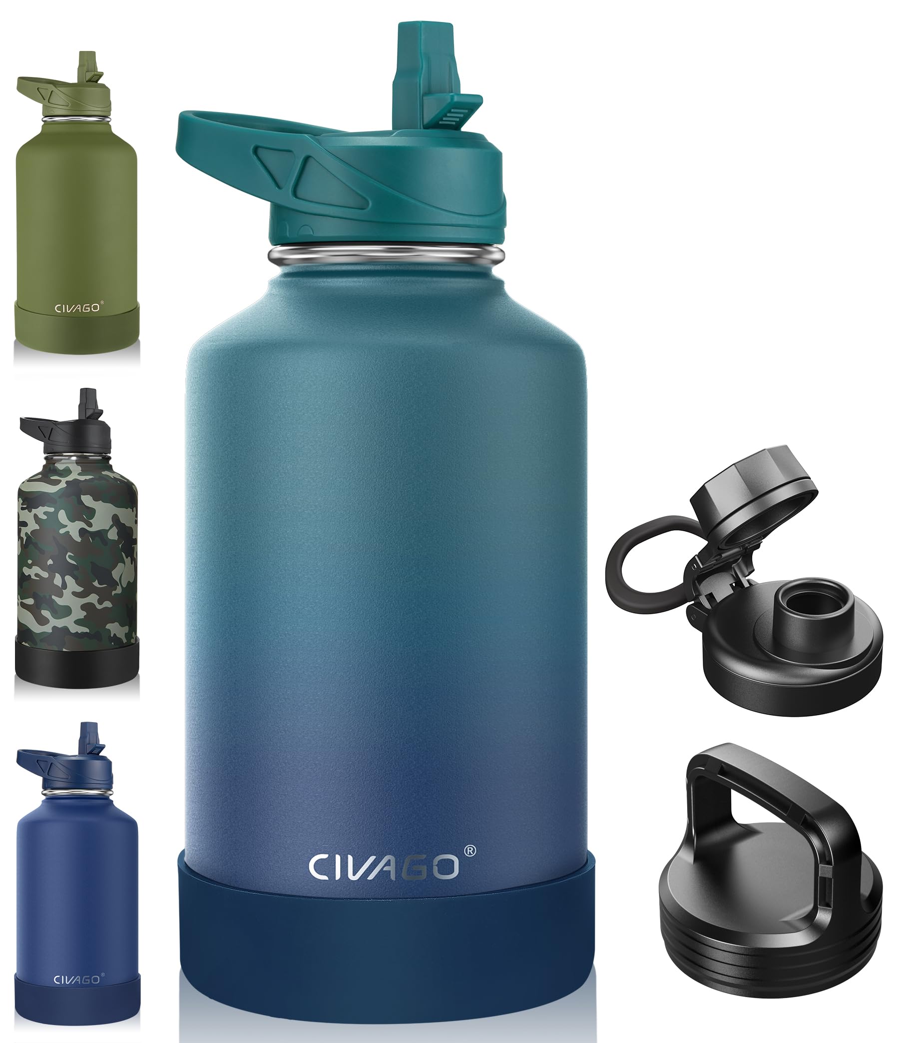 CIVAGO 64 oz Insulated Stainless Steel Water Bottle With Straw and 3 Lids | Half Gallon Large Metal Water Jug Big Leakproof Reusable Wide Mouth Thermal Flask with Silicone Boot, BPA-Free, Dark Night