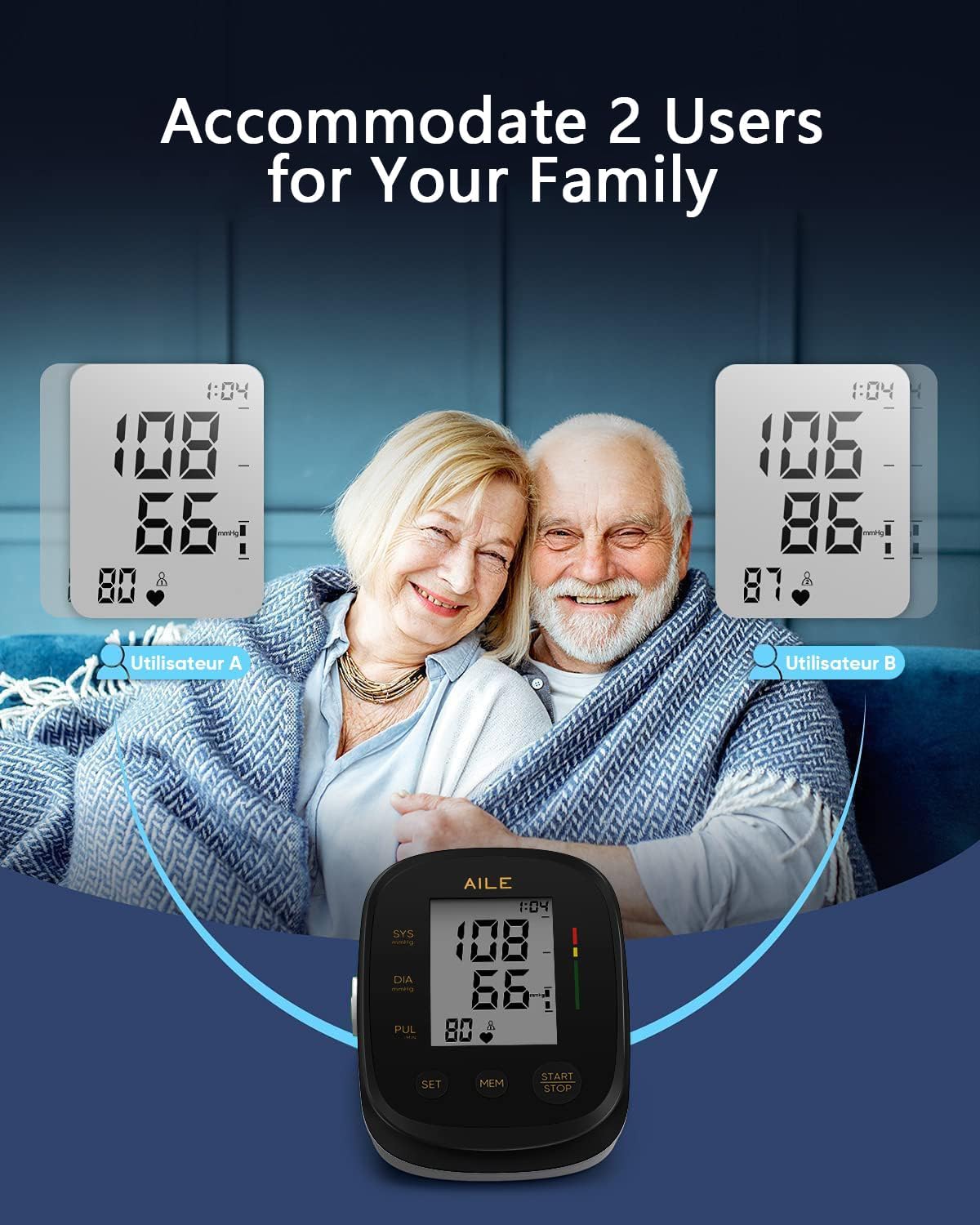 AILE Blood Pressure Monitor, Blood Pressure Machine Upper Arm Large Cuff(8.7"-16.5"), High Automatic Blood Pressure Monitors Cuff for Home Use, Manual Arm Bp Monitor, 2 * 99 Memory (Black)