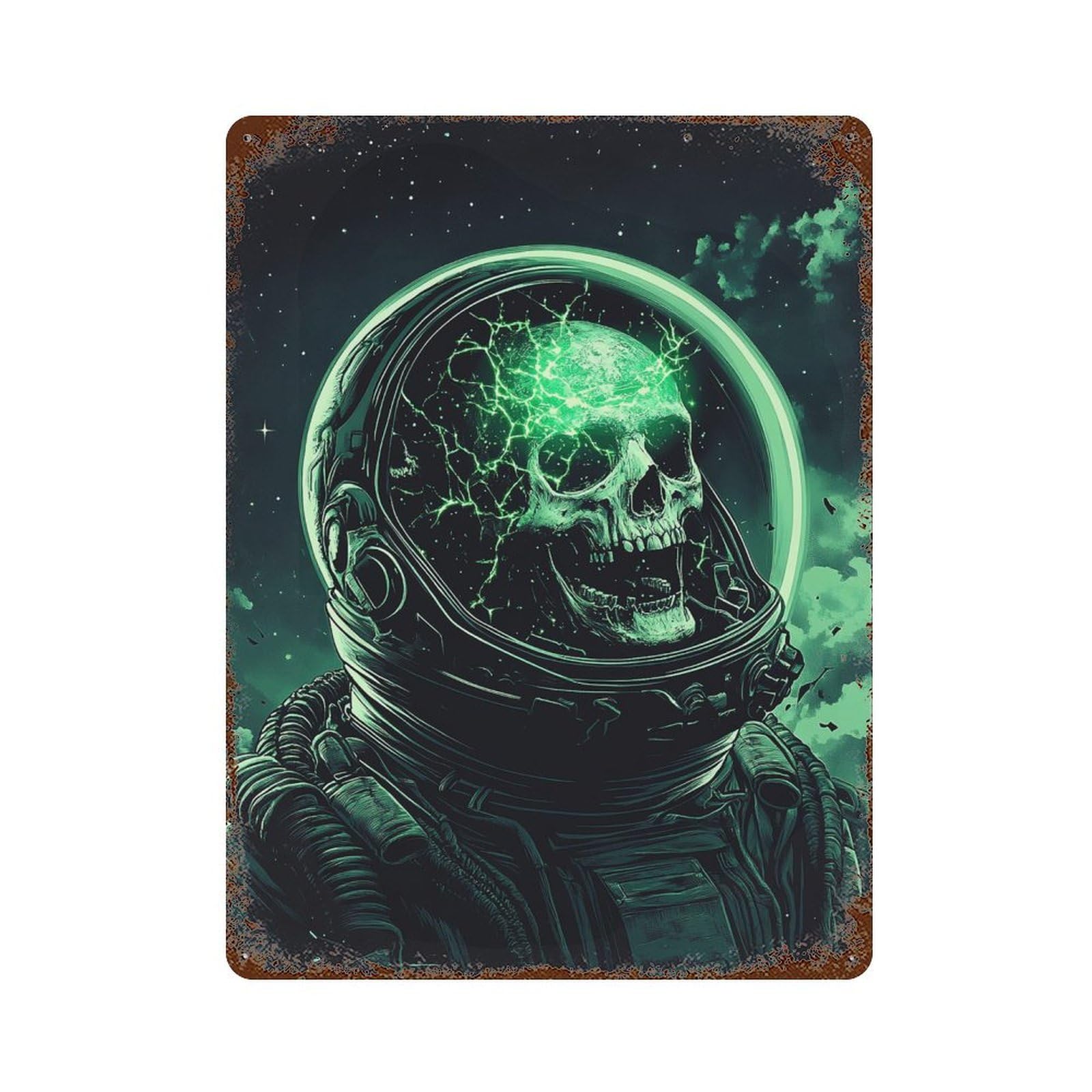 Garage Style Space Horror Astronaut with Glowing Skull Rustic Tin Plaque 15.7"x11.8", Farmhouse Wall Decor for Bar And Workshop