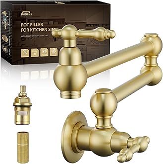 Kitchen Pot Filler Faucet, Dual Valve Wall Mount Pot Filler Faucet, Potfiller, Two Handles Strechable Double Joint Swing Arms (Vintage, Brushed Gold)