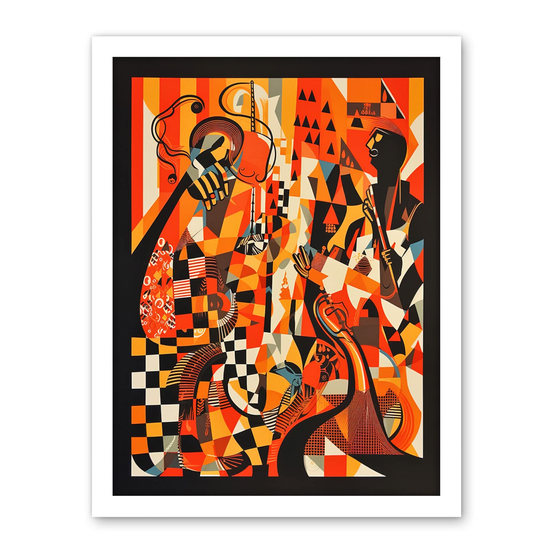 Jazz Music Band Musicians Abstract Modern Folk Art Print - Large Framed Wall Décor Art - W18 inch x H24 inch