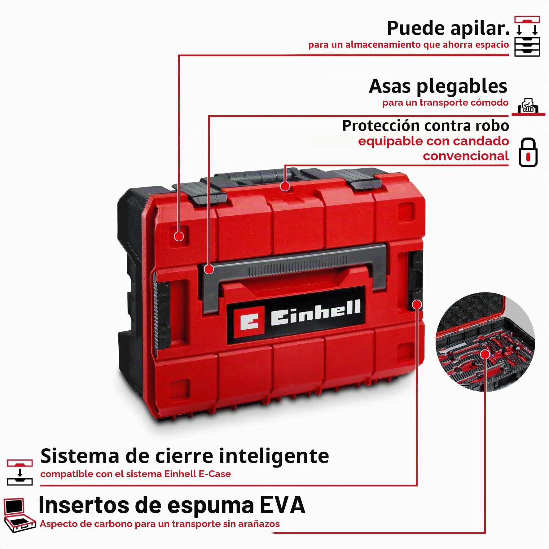 Original Einhell Maletín Herramientas Taller E-Case 92 piezas (equipo, casquillos de coche, boquillas, trinquete, T-Mango, Sistema E Case)
