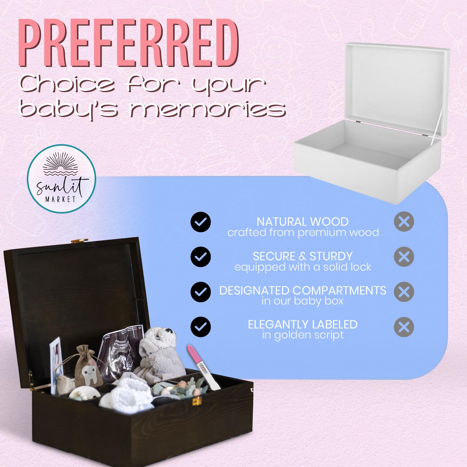 Caja de recuerdos de madera para bebé con bolsa para dientes de hada, caja de recuerdos para recién nacidos con cerradura resistente, caja de almacenamiento de recuerdos de bebé atemporal, caja de