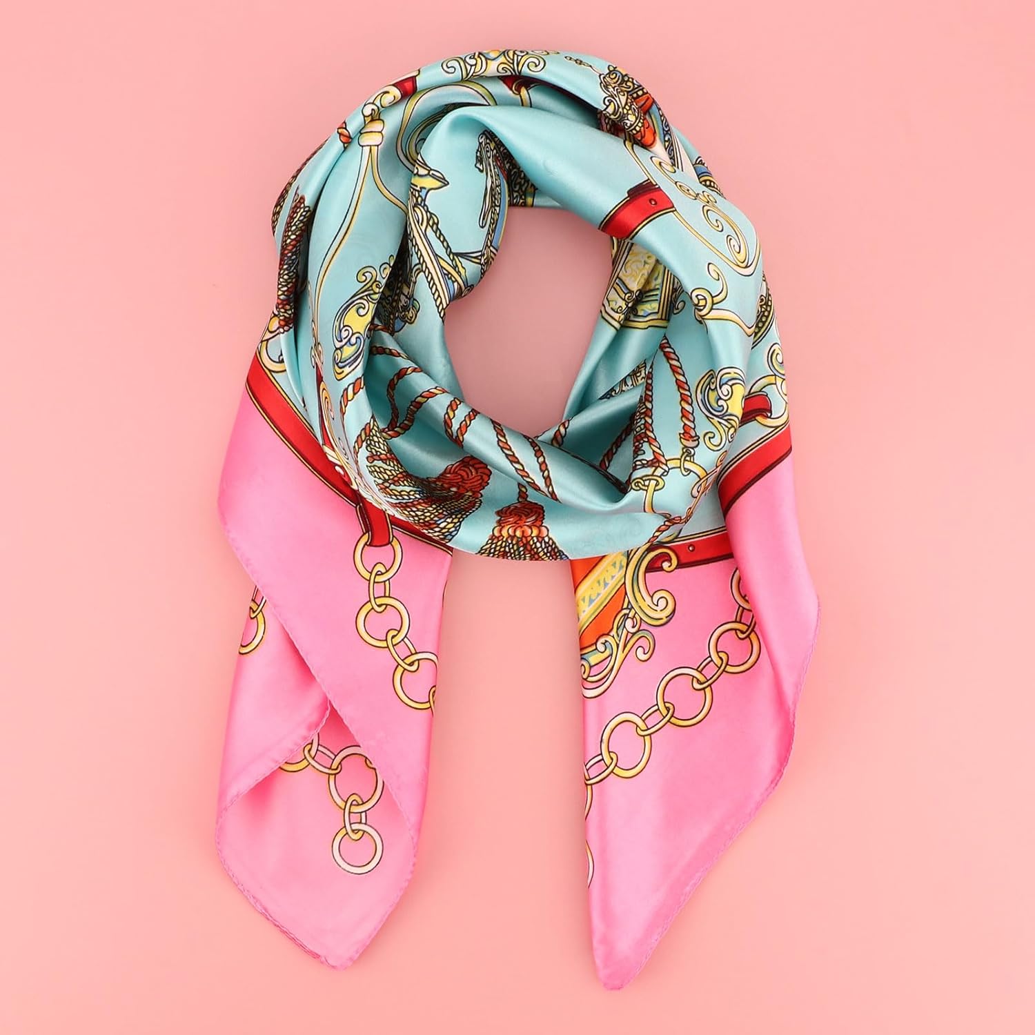 DRESHOW 35” Large Square Satin Head Scarf - 4Pcs Silk Accessories Classic Patterned Squares Beach Bandanas for Women - Image 4