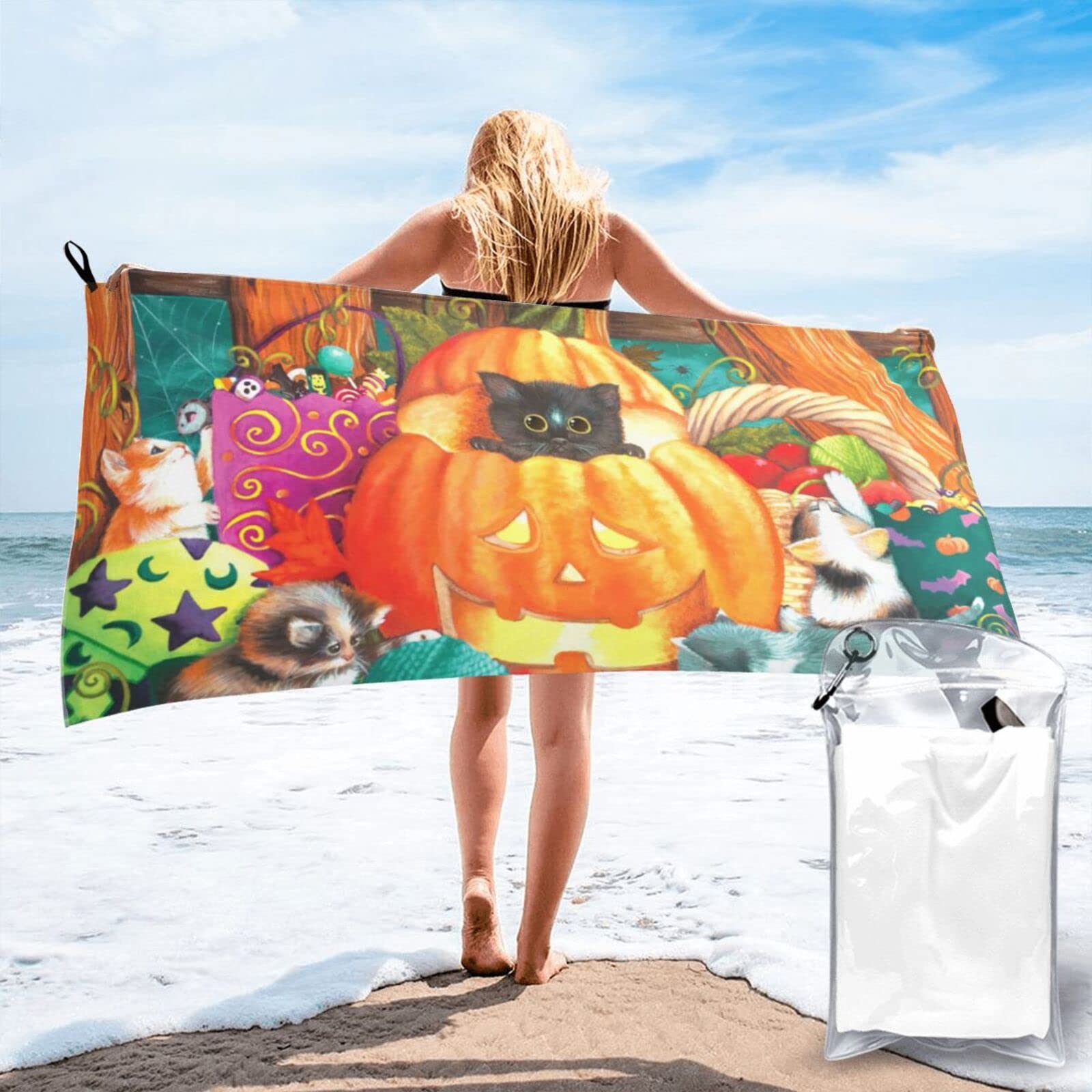 Lawenp Halloween and Cute Cat Microfiber Beach Towel Adults Large Quick Drying Bath Towel Travel Towels with Pouch 27.5"x55"