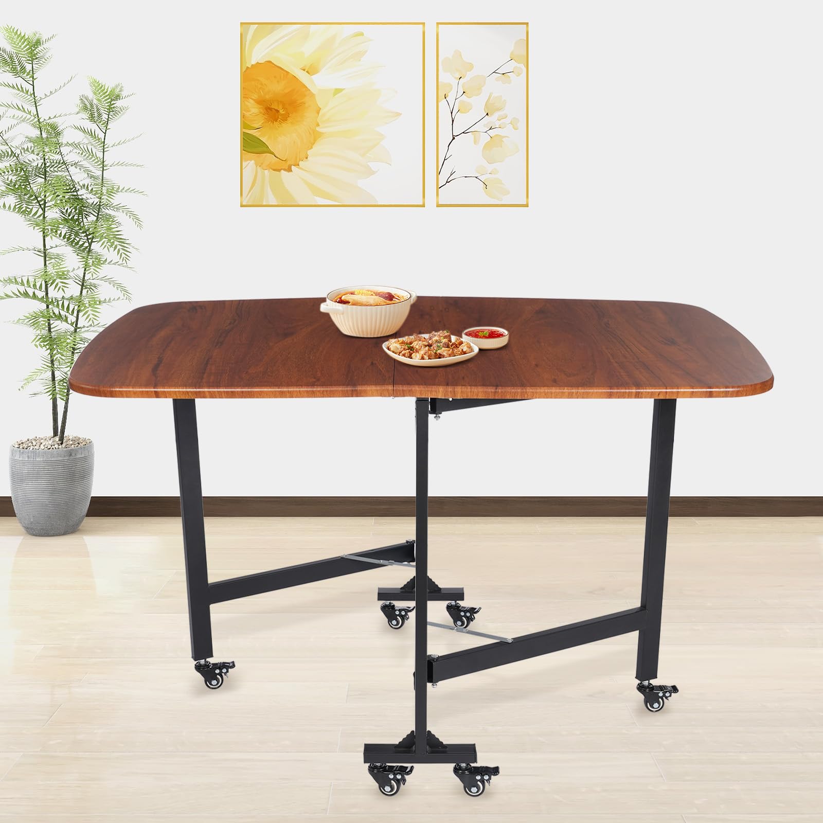 MINRS Tavolo da pranzo pieghevole da cucina, pieghevole con ruote, in legno, per studio, camera da letto, casa, marrone vintage