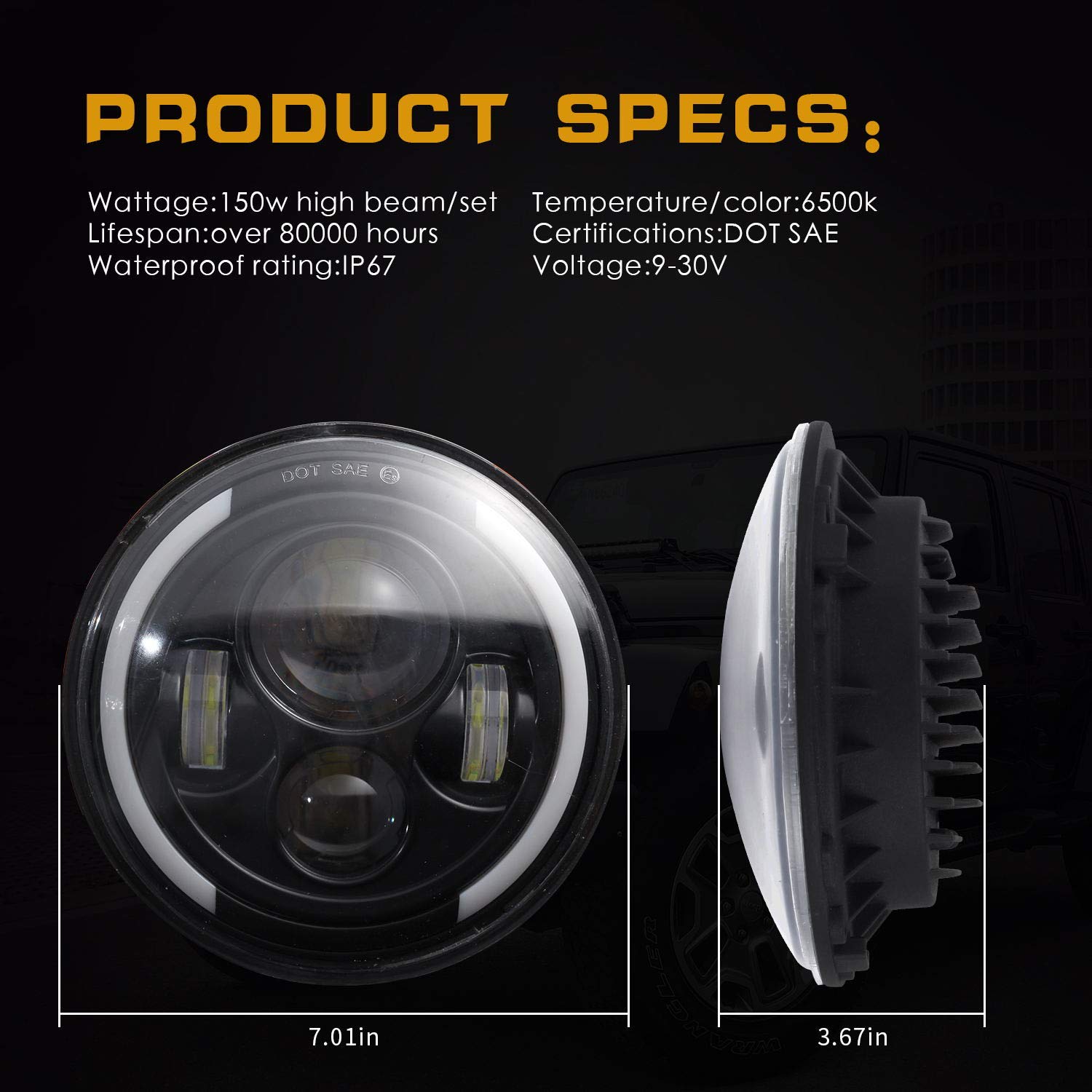 Reflektory LED części zamienne, tuningowe i zużywalne 7" LED Scheinwerfer 3000K+6000K 300W