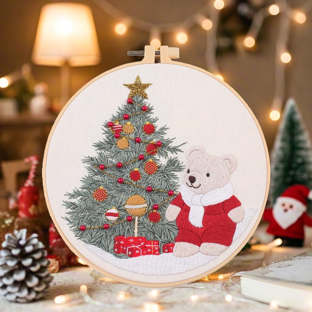 artcici Embroidery Kits Christmas Tree Bear Patterns for Beginners Adults, Full Range Embroidery Starter Kits Cross Stitch Needlework Supplies (Beige) image 2