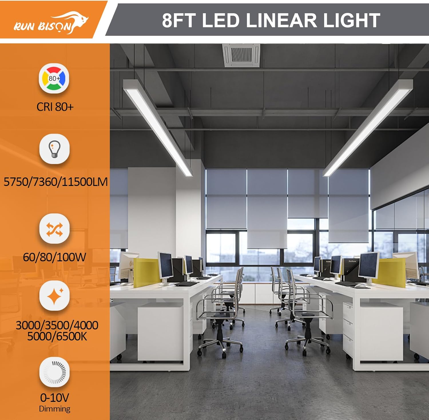 LED Linear Light 8FT, 60W/80W/100W Selectable Hanging Office Shop Light, Up to 11500LM，3000K-6500K Adjustable Architectural Linear Lighting Fixture, Dimmable Suspended Lighting - 4PK
