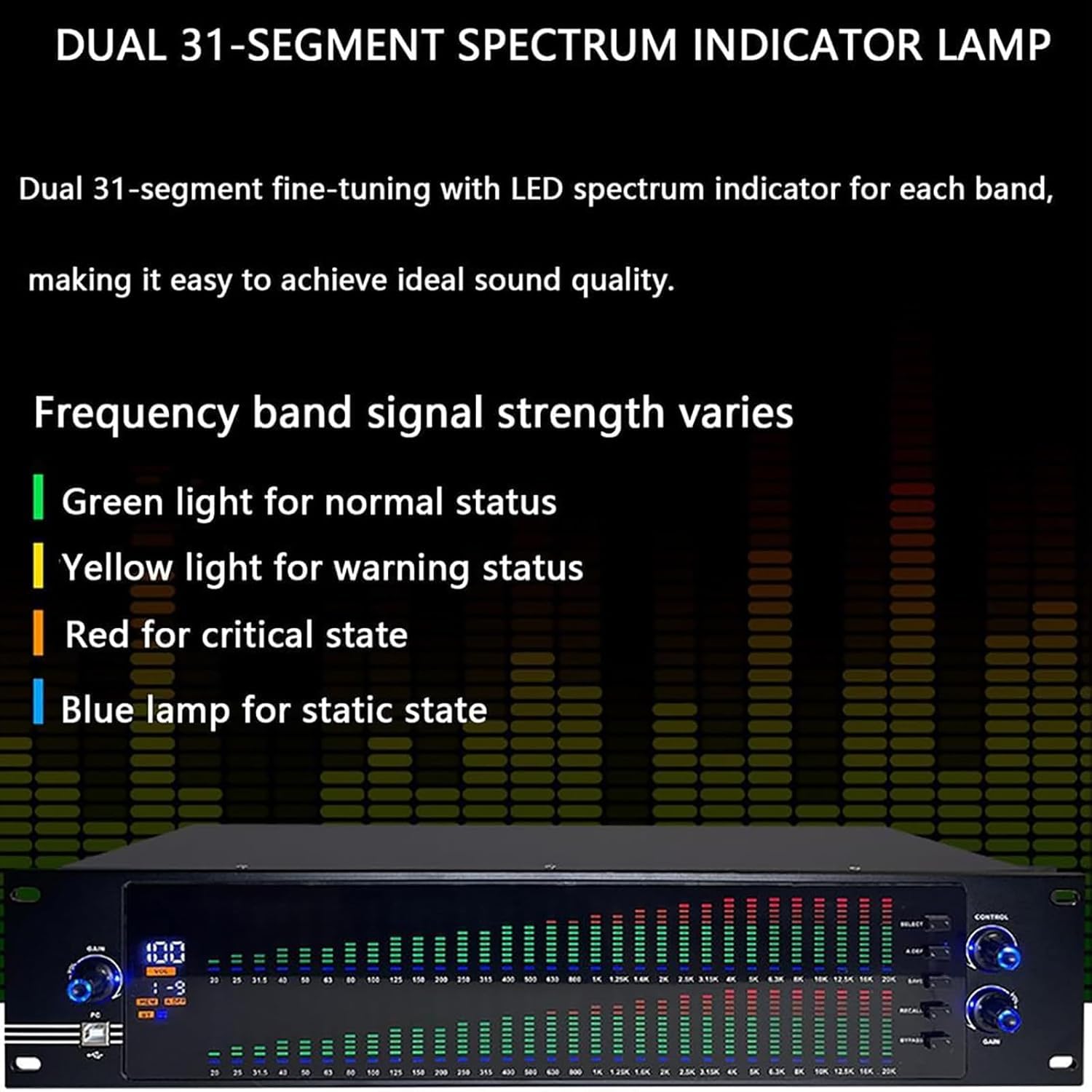 Kanduo Ecualizador estéreo de Audio Ecualizador de Audio de Doble Canal, procesador Ecualizador Digital Profesional de 31 Bandas con Pantalla LCD HD y Chip de procesamiento DSP.