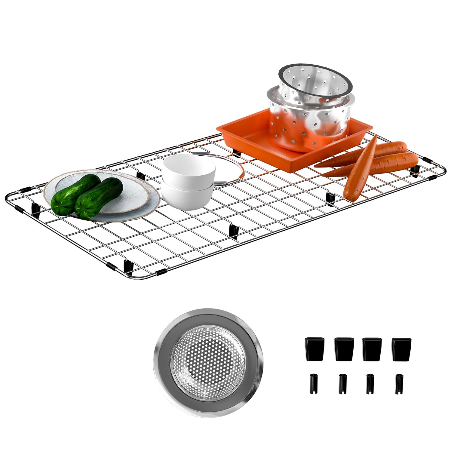 Redrubbit Griglia per lavello in acciaio inox e protezione per fondo lavello da cucina, 71 x 36 cm, con foro di scarico, per lavello singolo fatto a mano, griglia con coperchio per foro per lavello