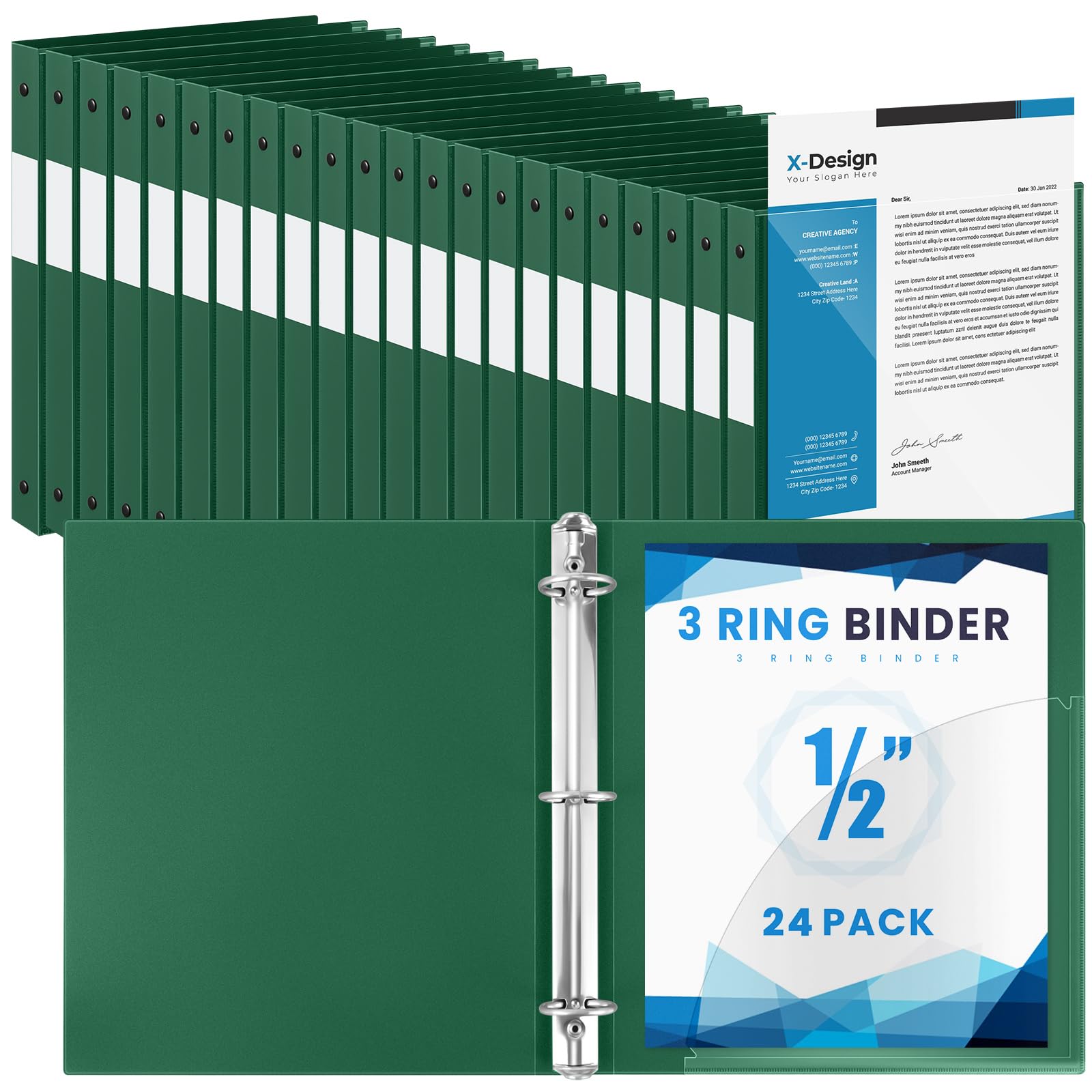 Henoyso 24 Pack 1/2 Inch 3 Ring Binder with Clear Cover Fit Letter Size 8.5" x 11" Paper Holds 140 Sheets, Bulk Binders for Organizing School, Office &amp; Classroom Documents, 1 Pocket (Dark Green)