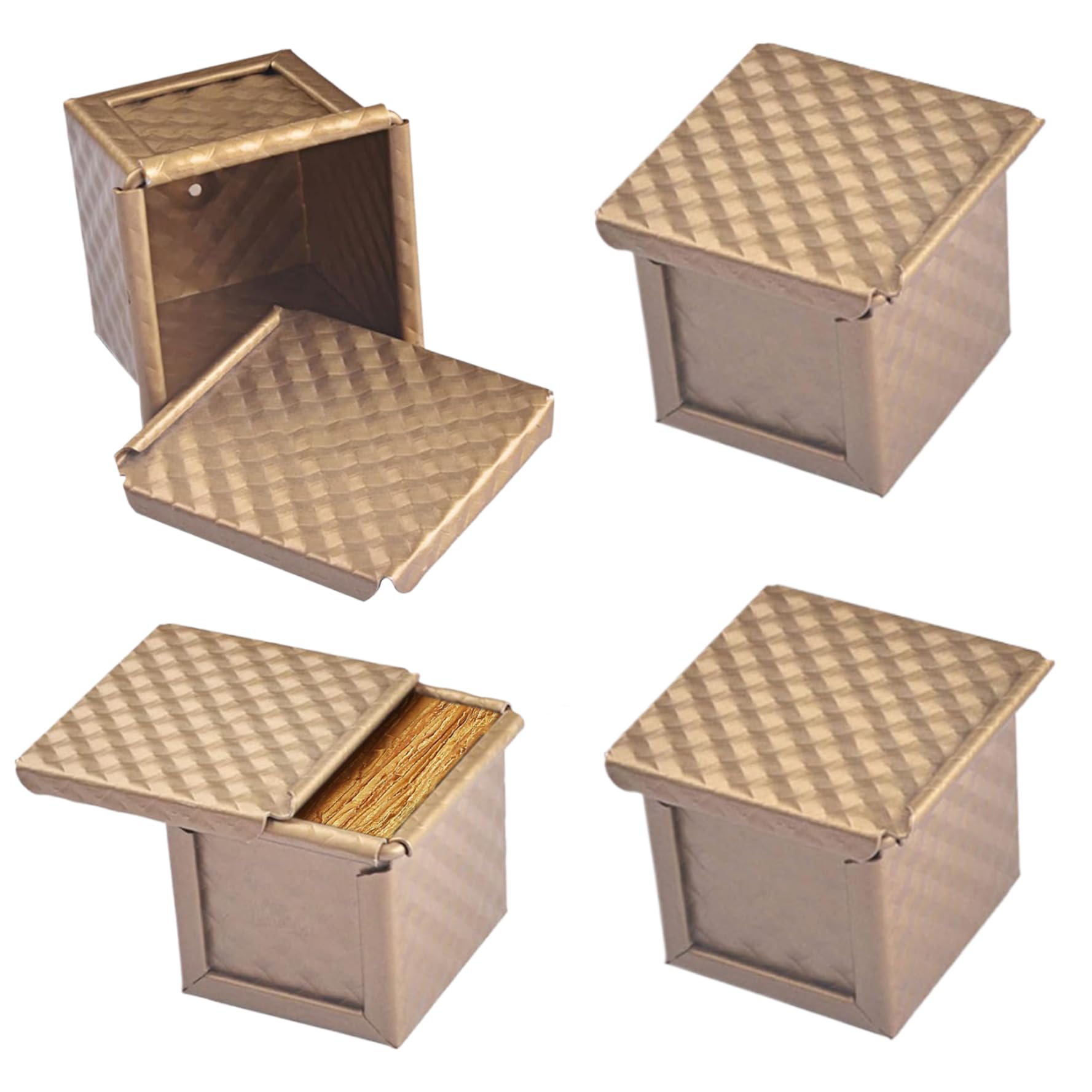 Pullman Teglia per Pane con Coperchio 4 Pezzi Teglia per Pane a Cubi Antiaderente per Cottura del 2, 4x2, 4'' Mini Teglie Ondulate con Fori di Sfiato sul Fondo Stampo per Toast con Bordo Arrotolat