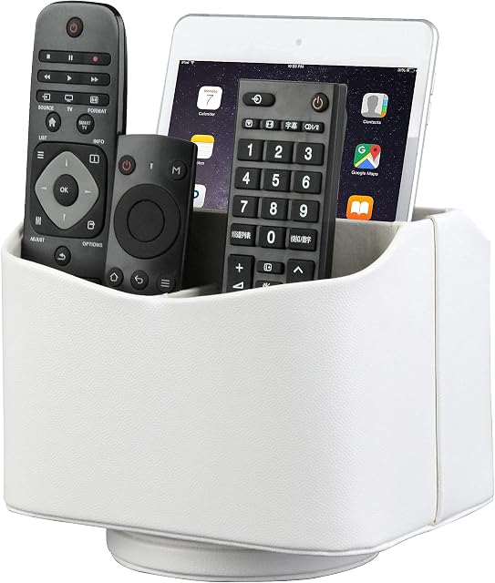 HofferRuffer Remote Caddy PU Leather Media Storage Organizer, 360°Rotation Remote Controller Holder for Office Organization, Desk, Bedside Table (white)