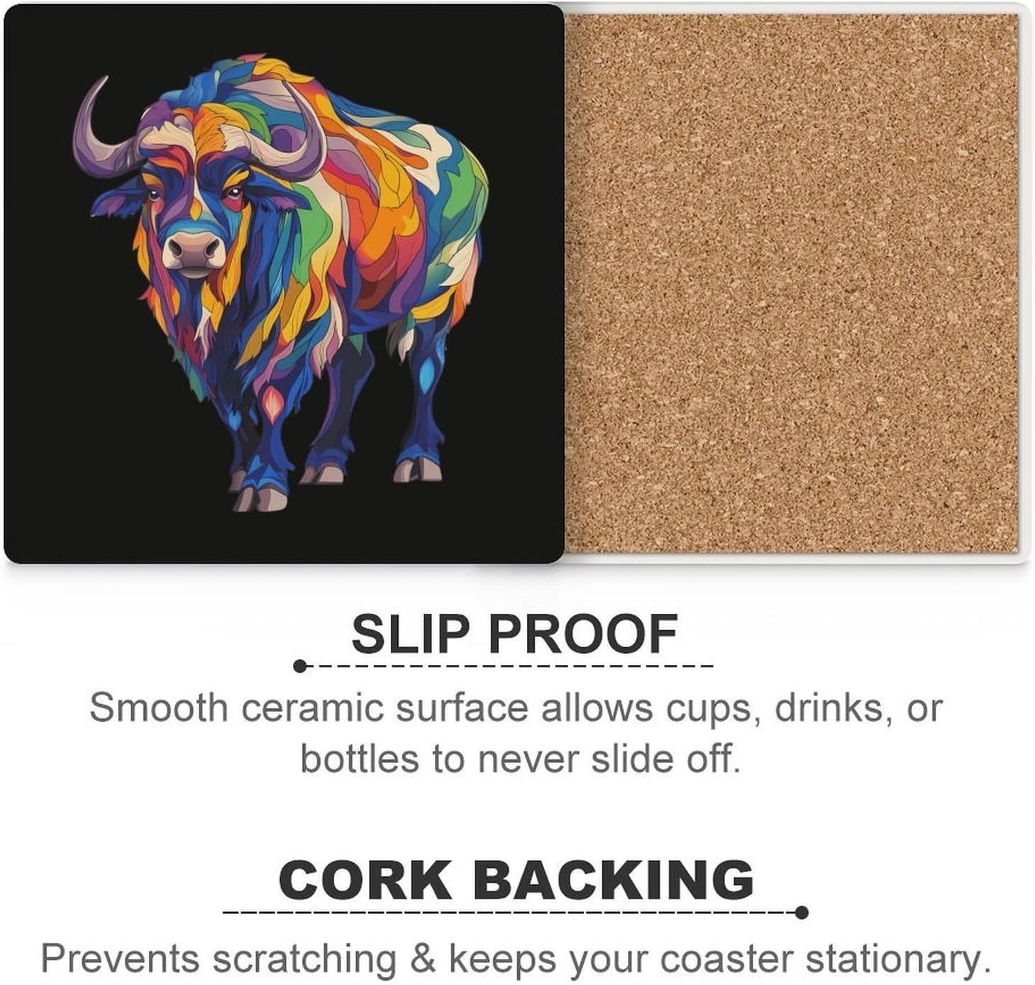 Colorful Buffalo Coasters for Drinks Square Table Coasters Set Cup Mats with Cork Base