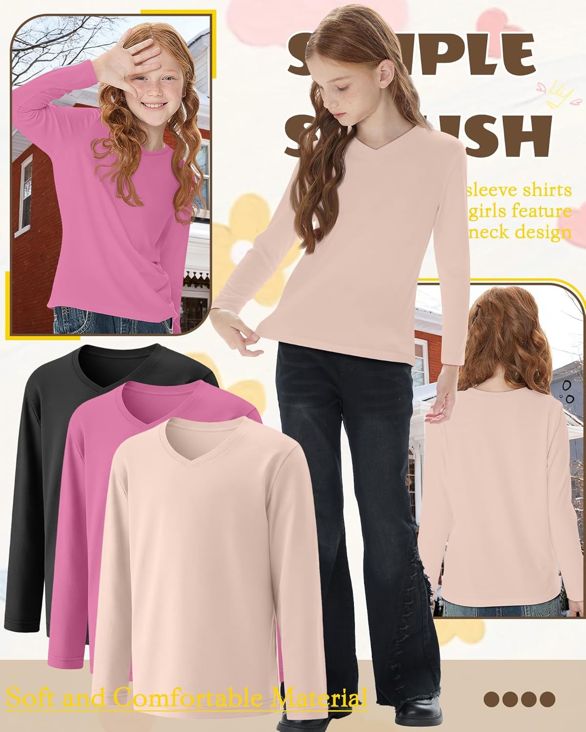 3 Pack Girl's Long Sleeve Shirts, Soft V Neck Kids Tops Fall Loose Fit Basic Tee Casual T Shirts for 3-16 Years(Apricot Pink, Pink, Black,7-8 Years) - Image 3