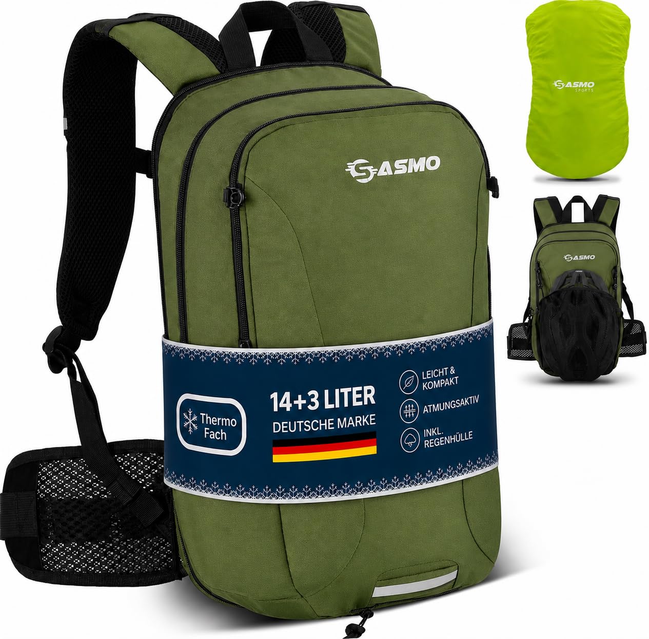 SASMO® Fahrradrucksack & Skirucksack 6L / 8L / 10+3L / 14+3L mit Thermofach, Helmnetz & Regenschutz | Ultraleicht - MTB Rucksack Herren & Damen | Kleiner Fahrradrucksack Herren & Damen