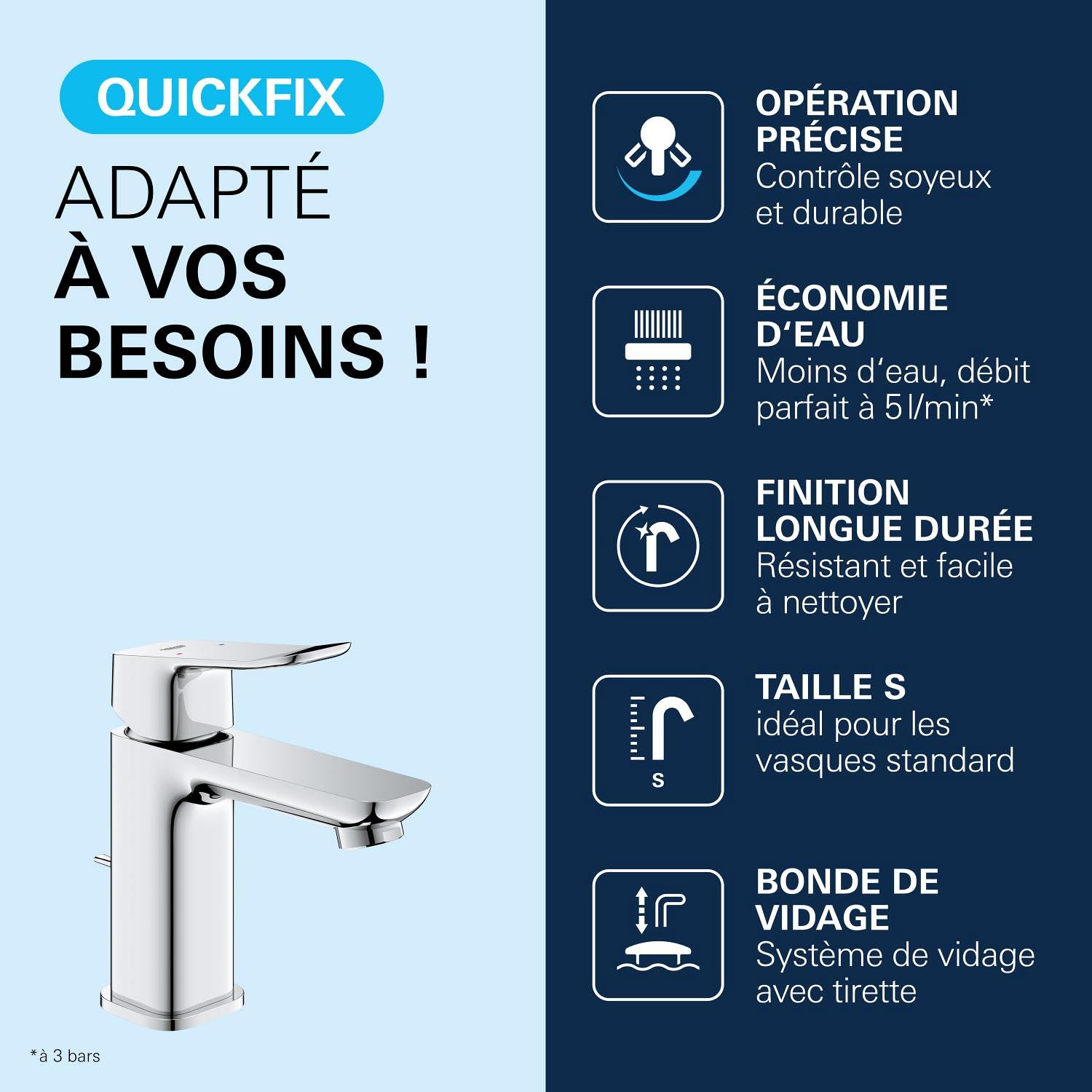 GROHE Dice Mitigeur monocommande Lavabo Taille S (Robinet pour Lavabo de Salle de bain, Avec Tirette et garniture de vidage, avec QuickTool inclus, Economie d'eau), Chrome, 1018560000