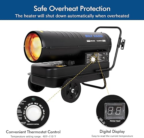 Miniatura 5 de BILT HARD Calentador diésel de queroseno de aire forzado de 135,000 BTU con ruedas, calentador portátil de torpedo con control de termostato para