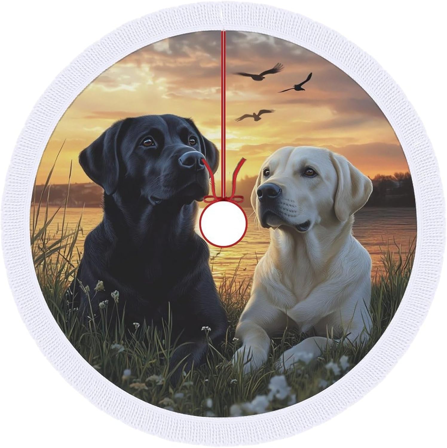 Labrador Love Couple Christmas Tree Skirt Round Xmas Tree Mat Ornaments Tree Skirts with Tassels for Holiday Party