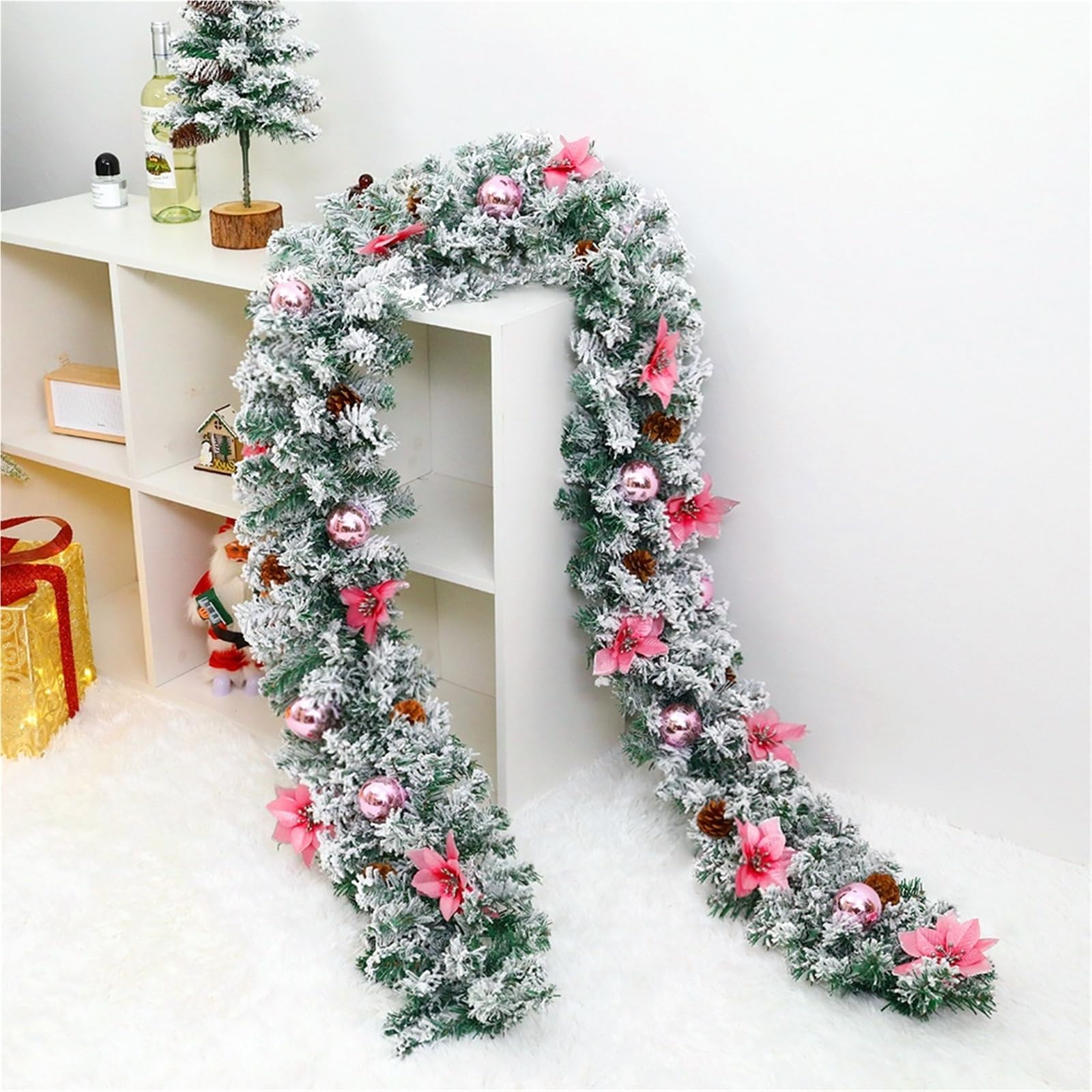 Weihnachten Girlande Weihnachtsschneeflockengirlande Mit Künstlichen Blumen Und Kugeln Weihnachtsdekoration(Rood)