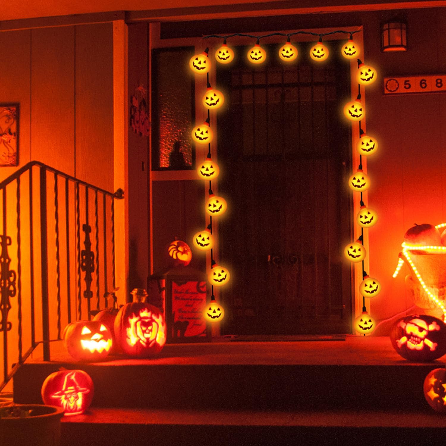 Halloween LED Pumpkin Lights - 8.5Ft Jack O Lantern Pumpkin String Lights with 10 LED Jack O Lantern Lights, for Indoor Outdoor Halloween Decorations for Home Party Yard Patio Tree, 0.07W