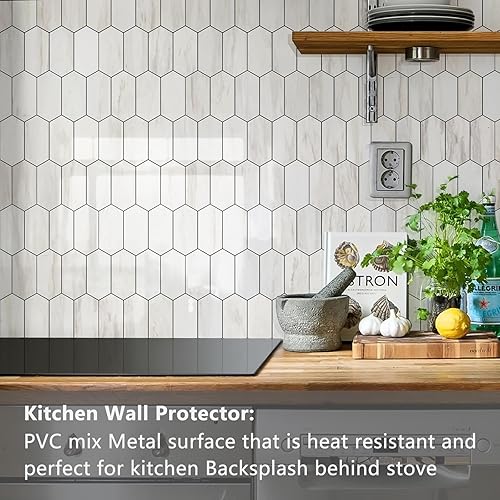 Vista 9 de Vamos Tile Azulejos hexagonales largos para despegar y pegar, 10 hojas para pegar en la pared del muro para la cocina y el baño, Calacatta dorado
