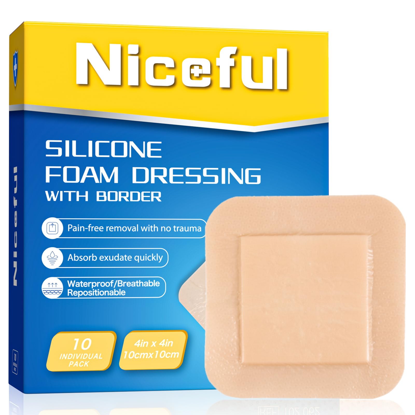Niceful Silicone Foam Dressing 4"x4" 10 PCS Waterproof Bandages for Wound