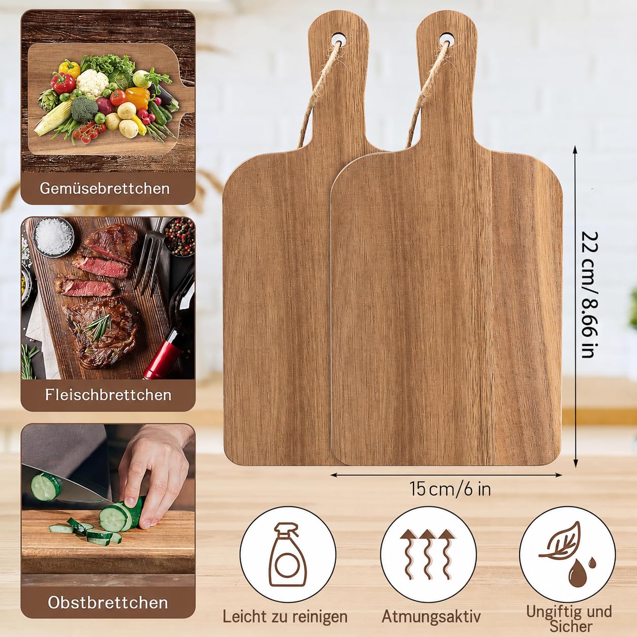 12er Set Akazienholz Schneidebretter mit Griff, 22 x 15 cm Kleine Holz Servierbretter, Holz Pizza Bretter Küchenbrett Schneiden & Servieren Frühstücksbrettchen für Käse Fleisch Brot Obst