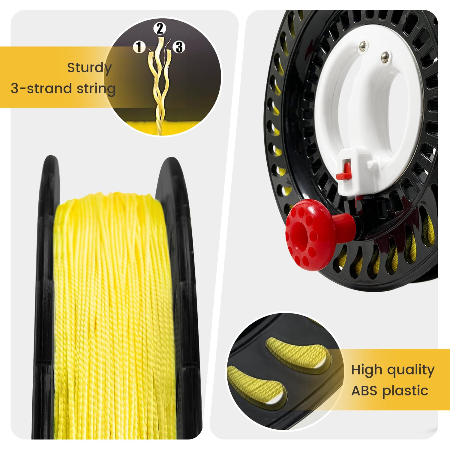 Carrete de Cometa de 10.3 Pulgadas de diámetro para Adultos con Cuerda de Cometa de Alta Resistencia de 3000 pies con Guantes de Bloqueo de Seguridad y Conector, Agarre de Mano Grande, diseño