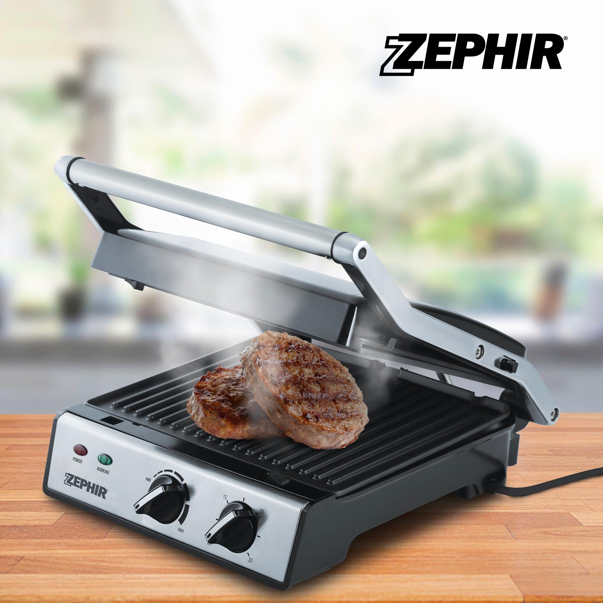 Zephir Bistecchiera Elettrica 2000W con Timer 30 Minuti, Piastre Antiaderenti Amovibili, Apertura 180°, Piastra Regolabile in Altezza, Raccolta Grassi