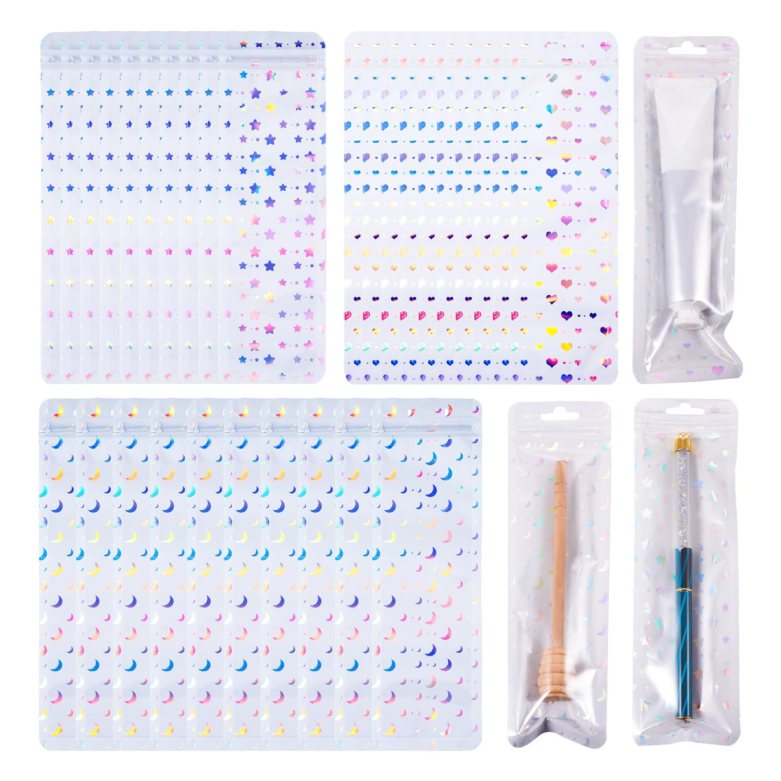 Beadthoven 30pcs Pen Packaging Bags Resealable Holographic Ziplock Pen Packaging Bags for Small Business Laser Clear Window Zipper Bags Foil Pouch