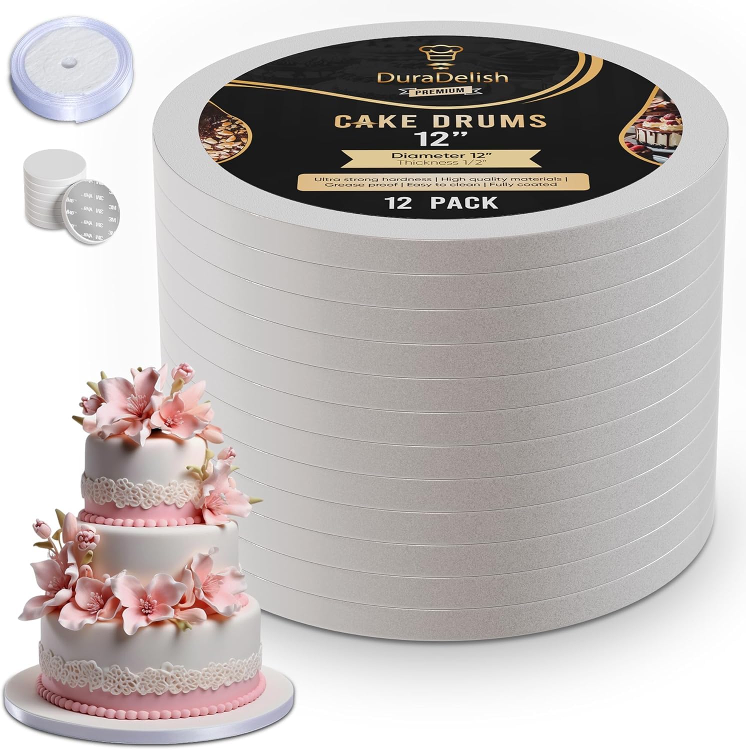 12-Pack Cake Drums 12 inch Reversible, Sturdy 1/2" Thick, Greaseproof, White | Free Prop Up Tool + Matching Ribbon | Professional Round Cake Boards
