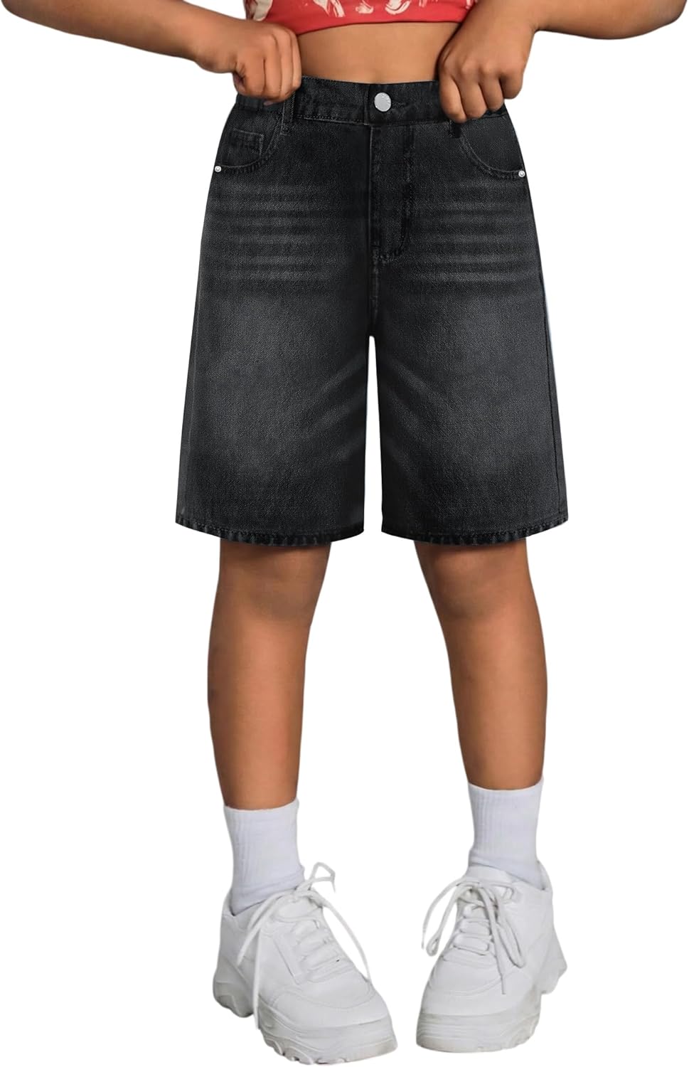 Girls Jean Shorts Baggy Wide Leg Washed Bermuda Denim Shorts Straight Leg Cute Summer Y2K Streetwear 7-14Y