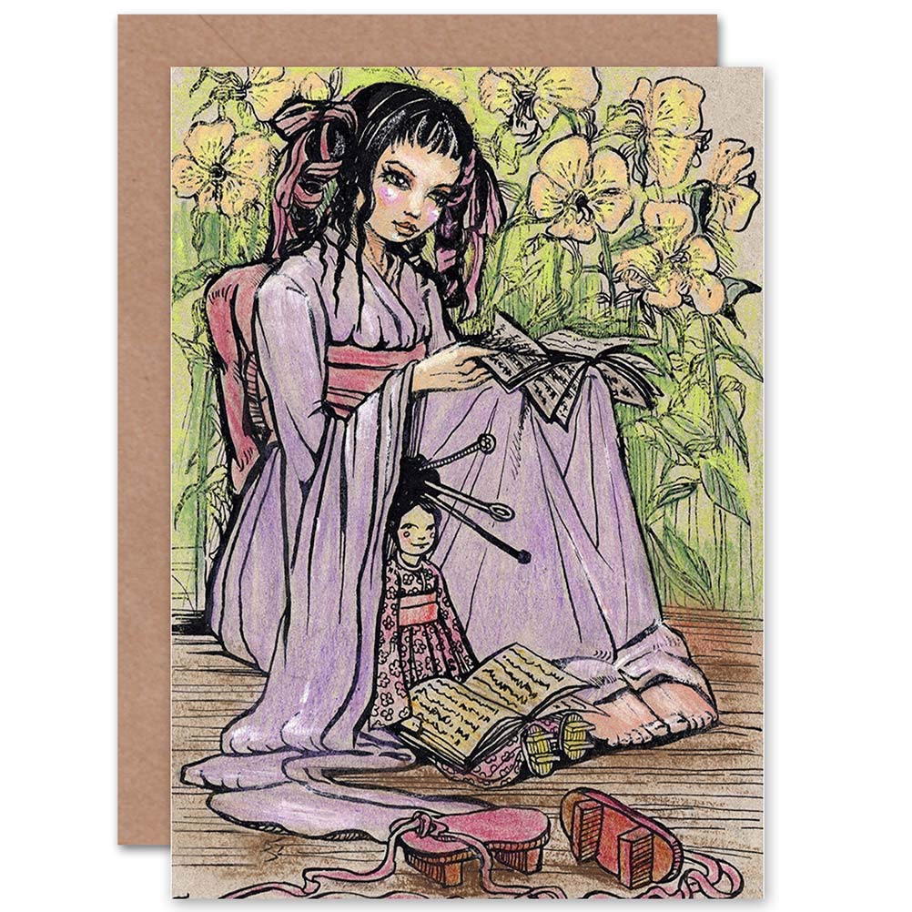 Wee Blue Coo Girls Blue Wee Coo Painting Portrait Japanese Lady Kimono Blank Greetings Birthday Card