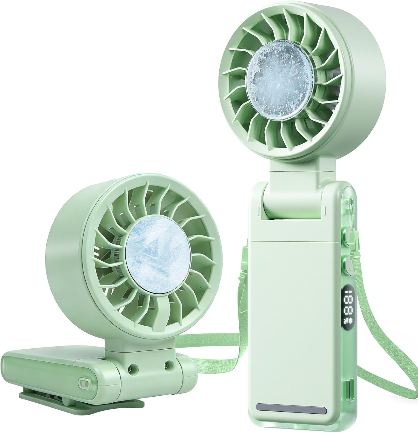 4-IN-1 Portable Handheld Fan with lce Cooler, Rechargeable Personal Fan with Clip, 5 Speeds, 360° Rotatable,Small Pocket Fans, for Outdoor, Travel, Beach, and Office (Green).