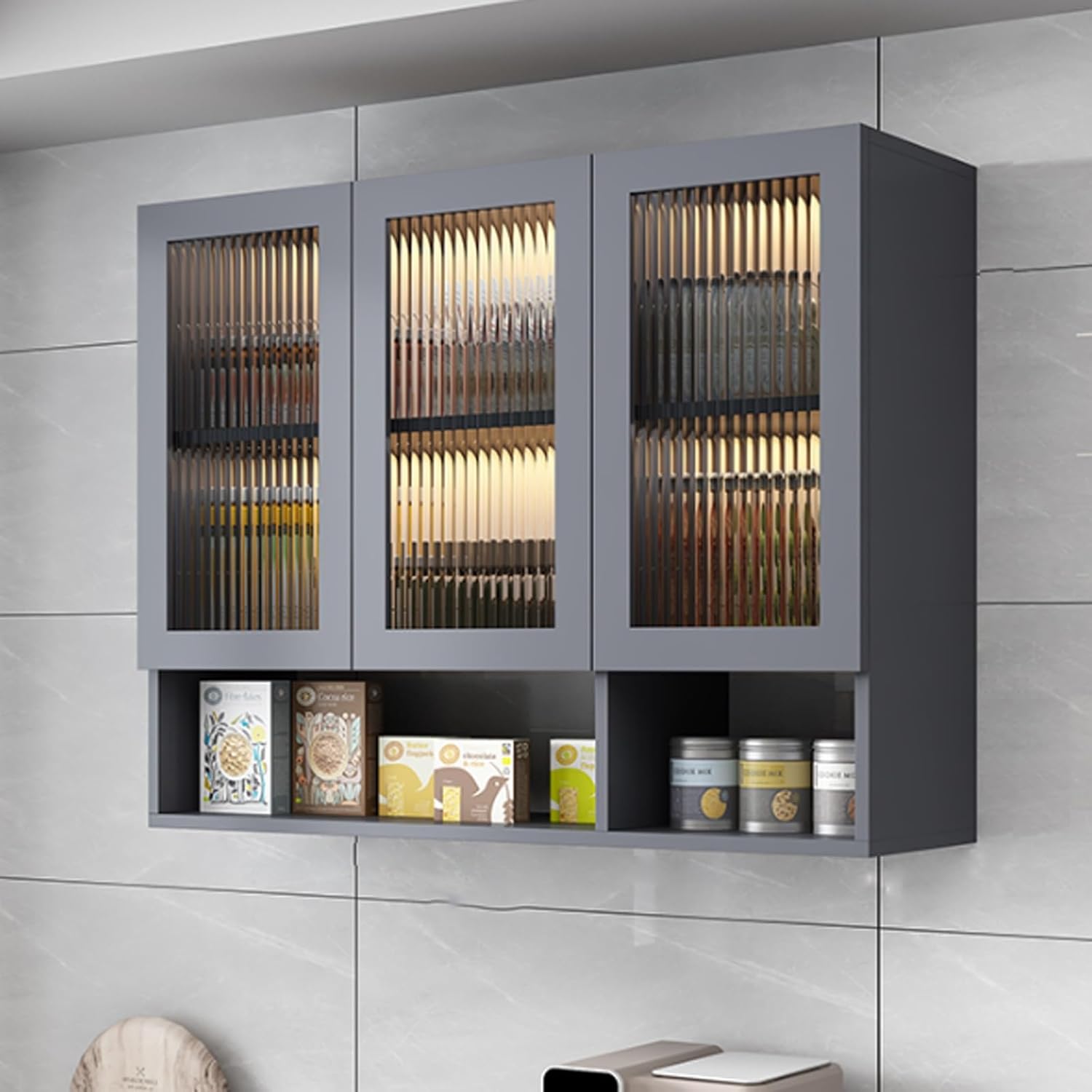 Wall Cabinet with Doors for Kitchen Storage, Wall Mounted Cabinets with Glass Doors for Bathroom or Kitchen Organizer, Hanging Pantry Storage for Walls, Solid Wood Cabinet with Shelves,Grey-100*30*80